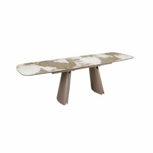 Mesa comedor extensible ovalada barril mármol porcelánico y acero taupé metalizado Mesa comedor extensible ovalada barril mármol porcelánico y acero taupé metalizado