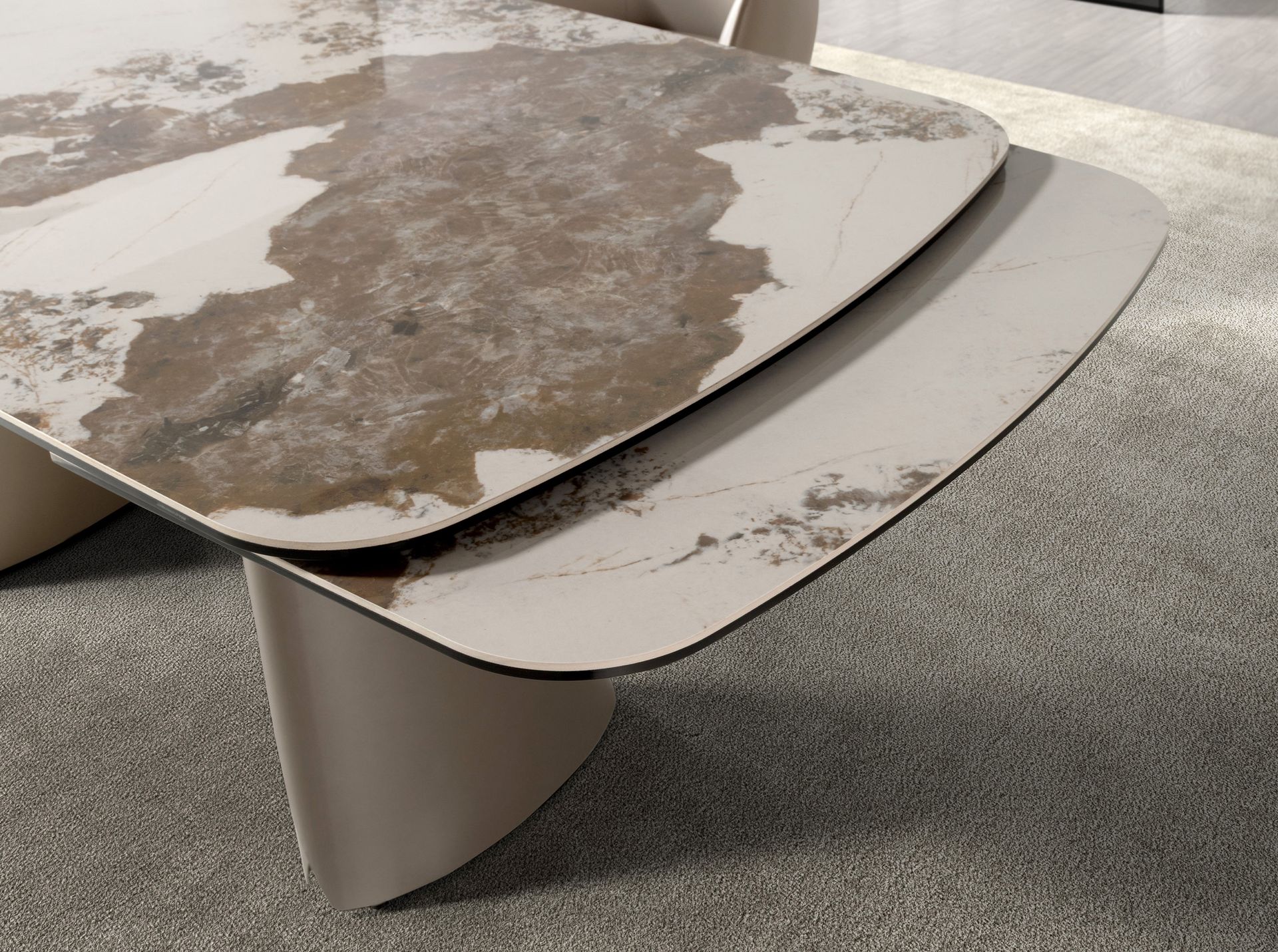 Mesa comedor extensible ovalada barril mármol porcelánico y acero taupé metalizado Mesa comedor extensible ovalada barril mármol porcelánico y acero taupé metalizado - Imagen 7