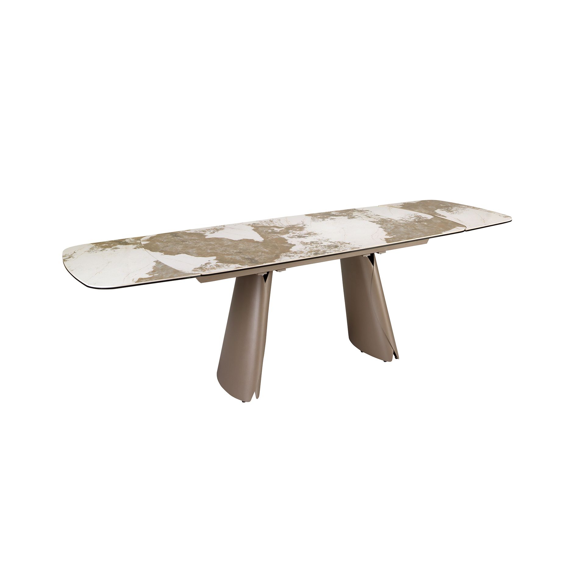 Mesa comedor extensible ovalada barril mármol porcelánico y acero taupé metalizado Mesa comedor extensible ovalada barril mármol porcelánico y acero taupé metalizado