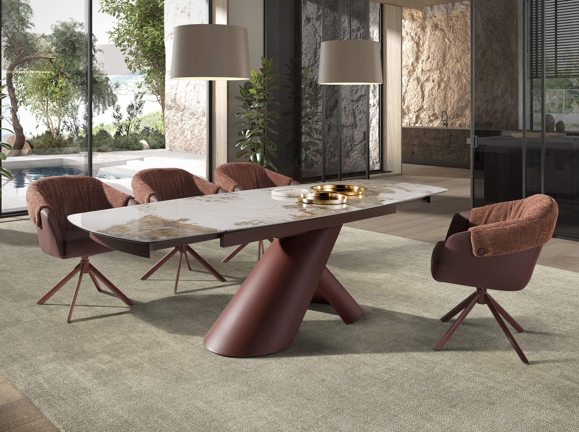 Mesa comedor extensible ovalada barril mármol porcelánico y acero marrón cobrizo Mesa comedor extensible ovalada barril mármol porcelánico y acero marrón cobrizo - Imagen 3