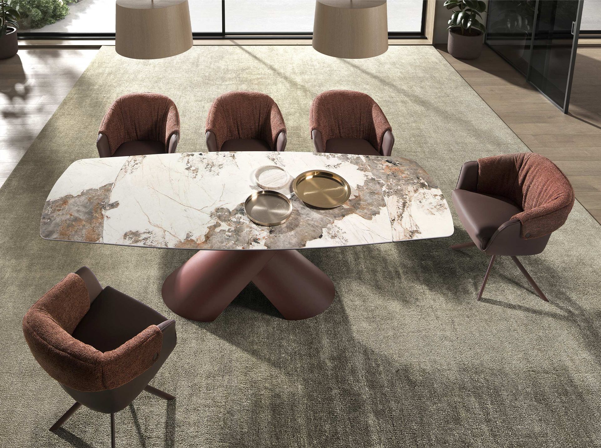 Mesa comedor extensible ovalada barril mármol porcelánico y acero marrón cobrizo Mesa comedor extensible ovalada barril mármol porcelánico y acero marrón cobrizo - Imagen 4