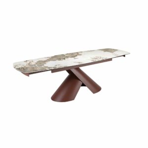 Mesa comedor extensible ovalada barril mármol porcelánico y acero marrón cobrizo Mesa comedor extensible ovalada barril mármol porcelánico y acero marrón cobrizo