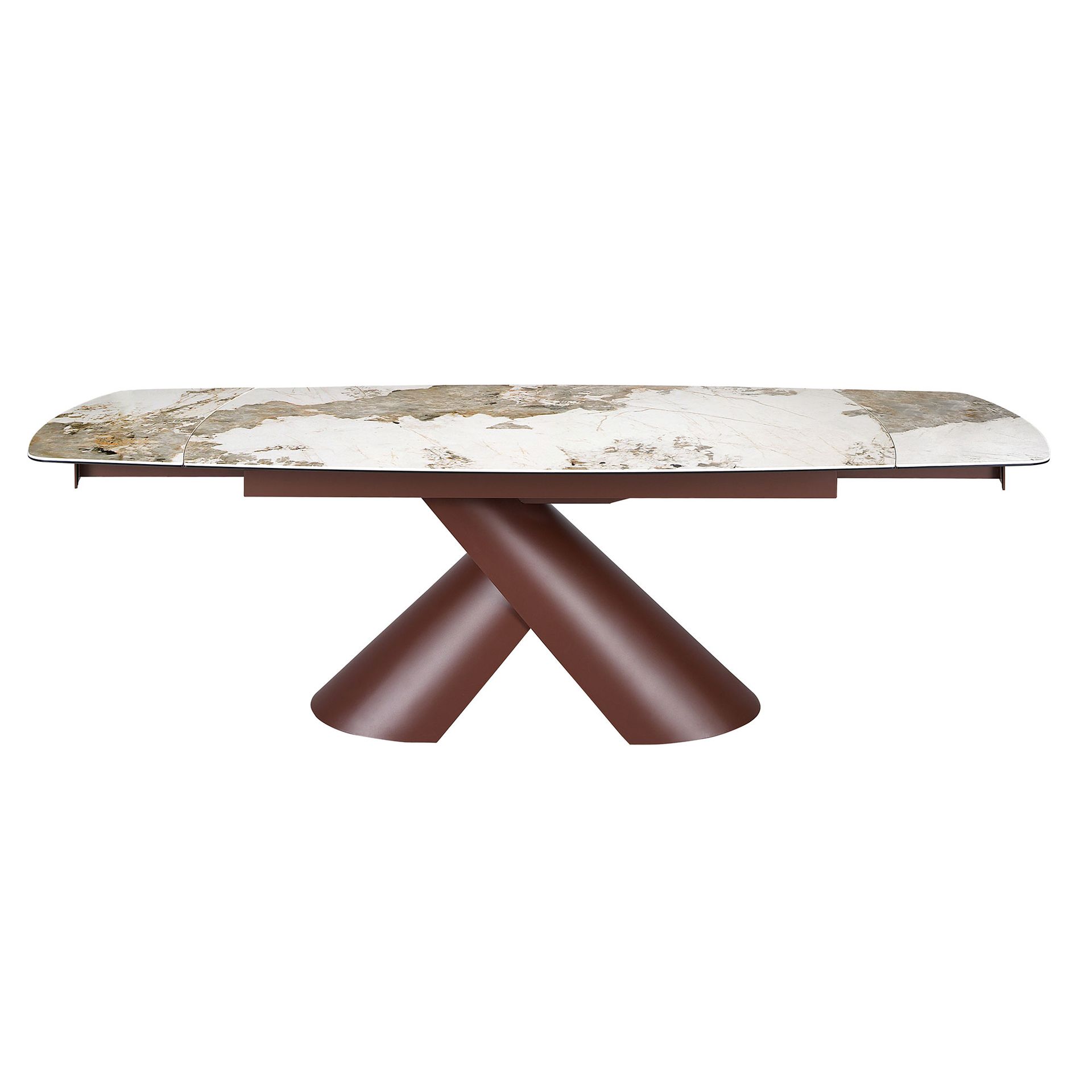 Mesa comedor extensible ovalada barril mármol porcelánico y acero marrón cobrizo Mesa comedor extensible ovalada barril mármol porcelánico y acero marrón cobrizo - Imagen 5