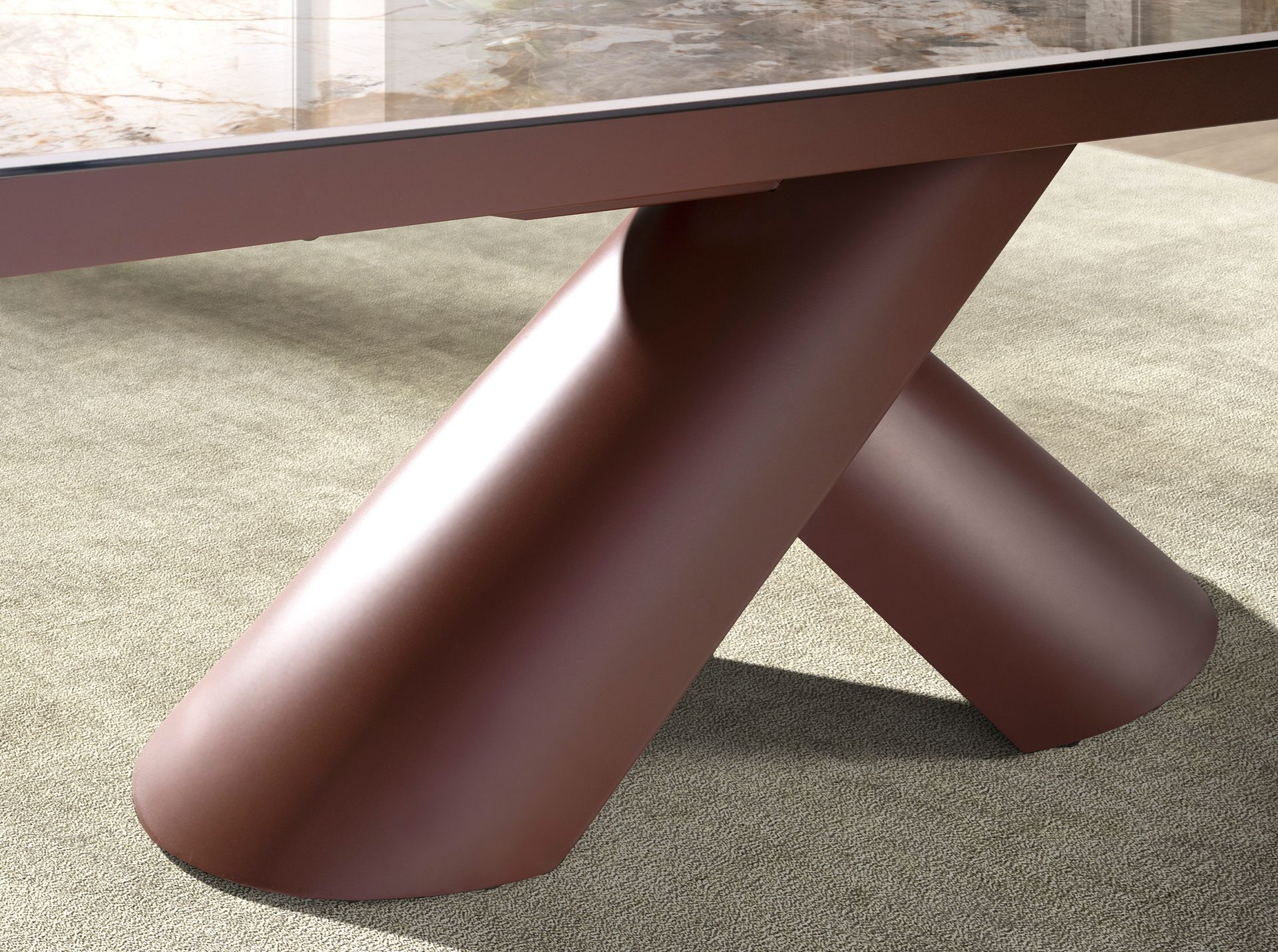 Mesa comedor extensible ovalada barril mármol porcelánico y acero marrón cobrizo Mesa comedor extensible ovalada barril mármol porcelánico y acero marrón cobrizo - Imagen 7