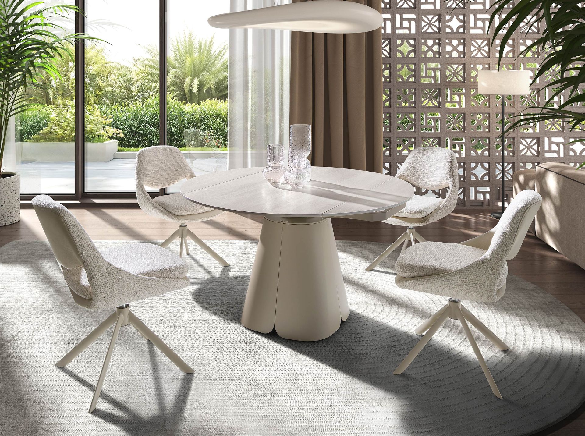 Mesa comedor extensible redonda mármol porcelánico y acero color arena Mesa comedor extensible redonda mármol porcelánico y acero color arena - Imagen 4