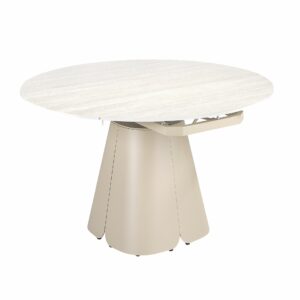 Mesa comedor extensible redonda mármol porcelánico y acero color arena Mesa comedor extensible redonda mármol porcelánico y acero color arena