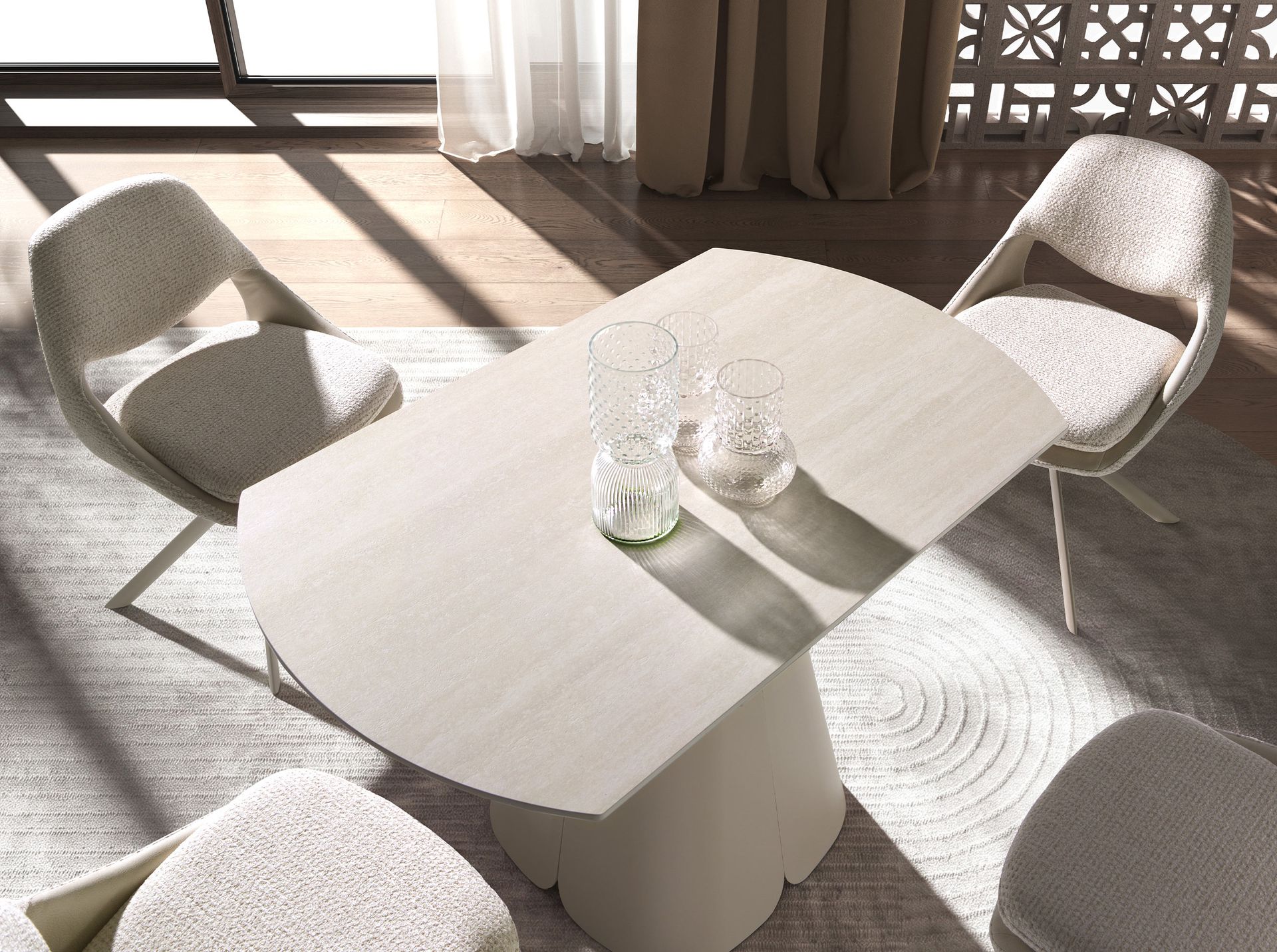 Mesa comedor extensible redonda mármol porcelánico y acero color arena Mesa comedor extensible redonda mármol porcelánico y acero color arena - Imagen 5