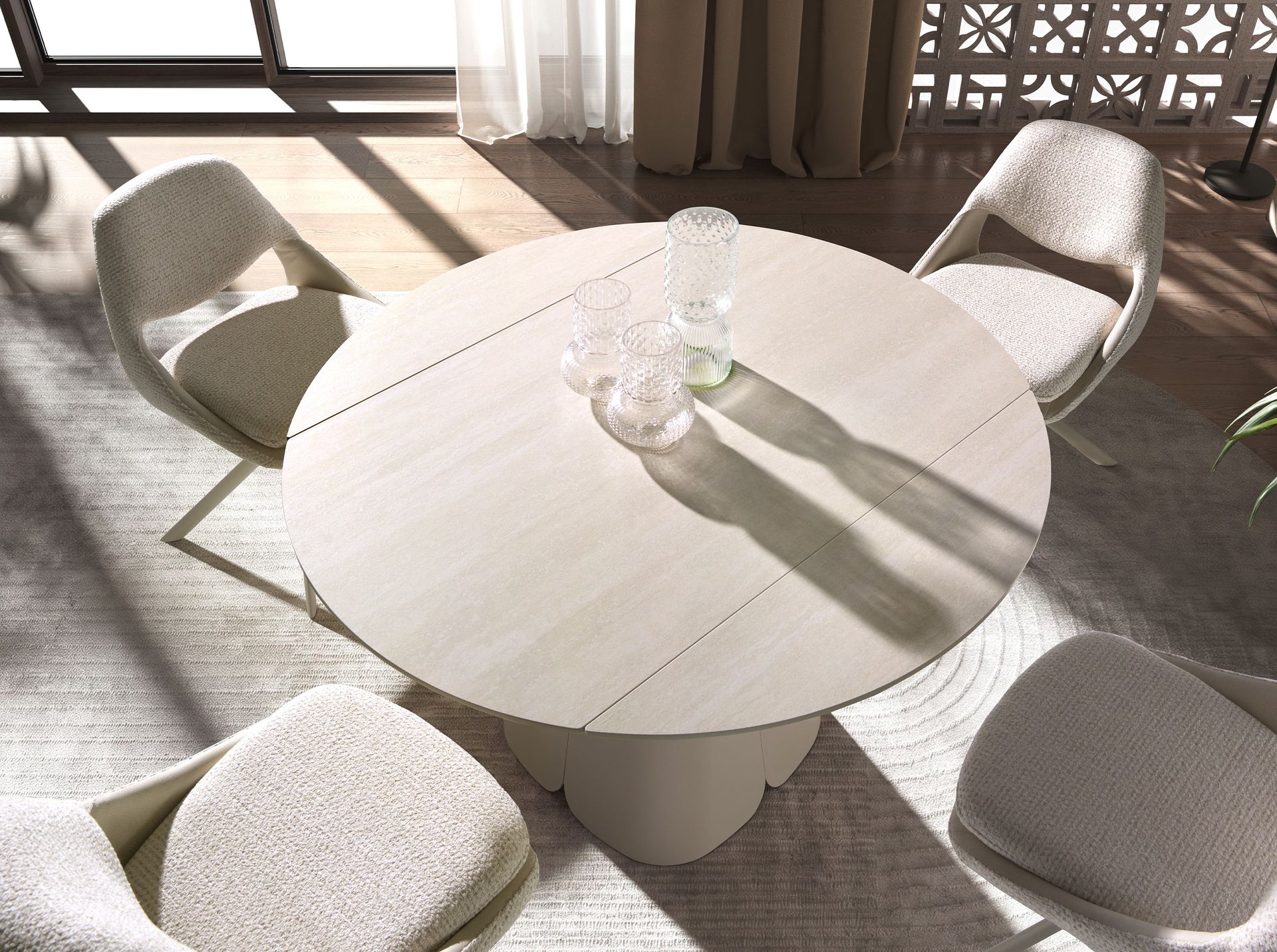 Mesa comedor extensible redonda mármol porcelánico y acero color arena Mesa comedor extensible redonda mármol porcelánico y acero color arena - Imagen 6