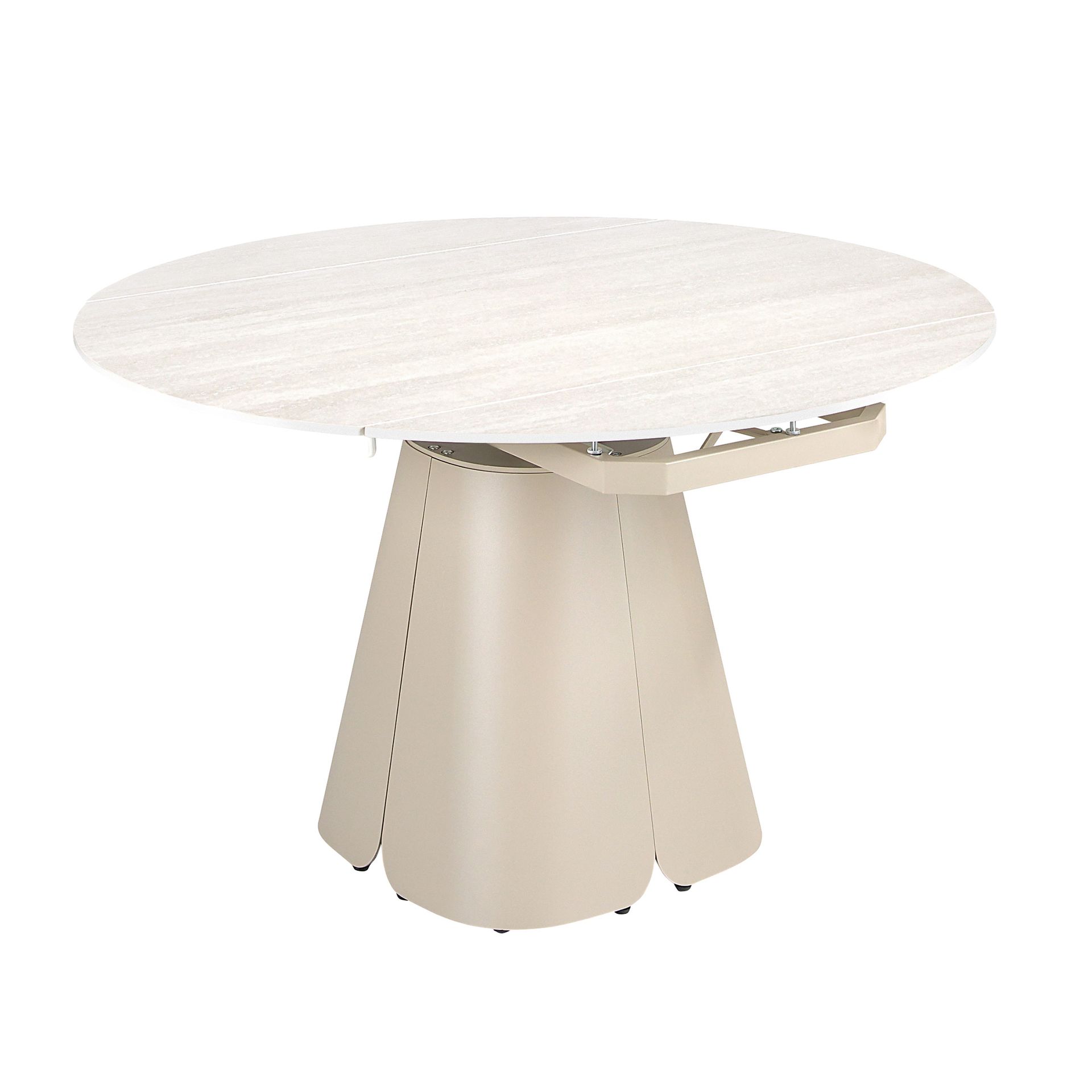 Mesa comedor extensible redonda mármol porcelánico y acero color arena Mesa comedor extensible redonda mármol porcelánico y acero color arena