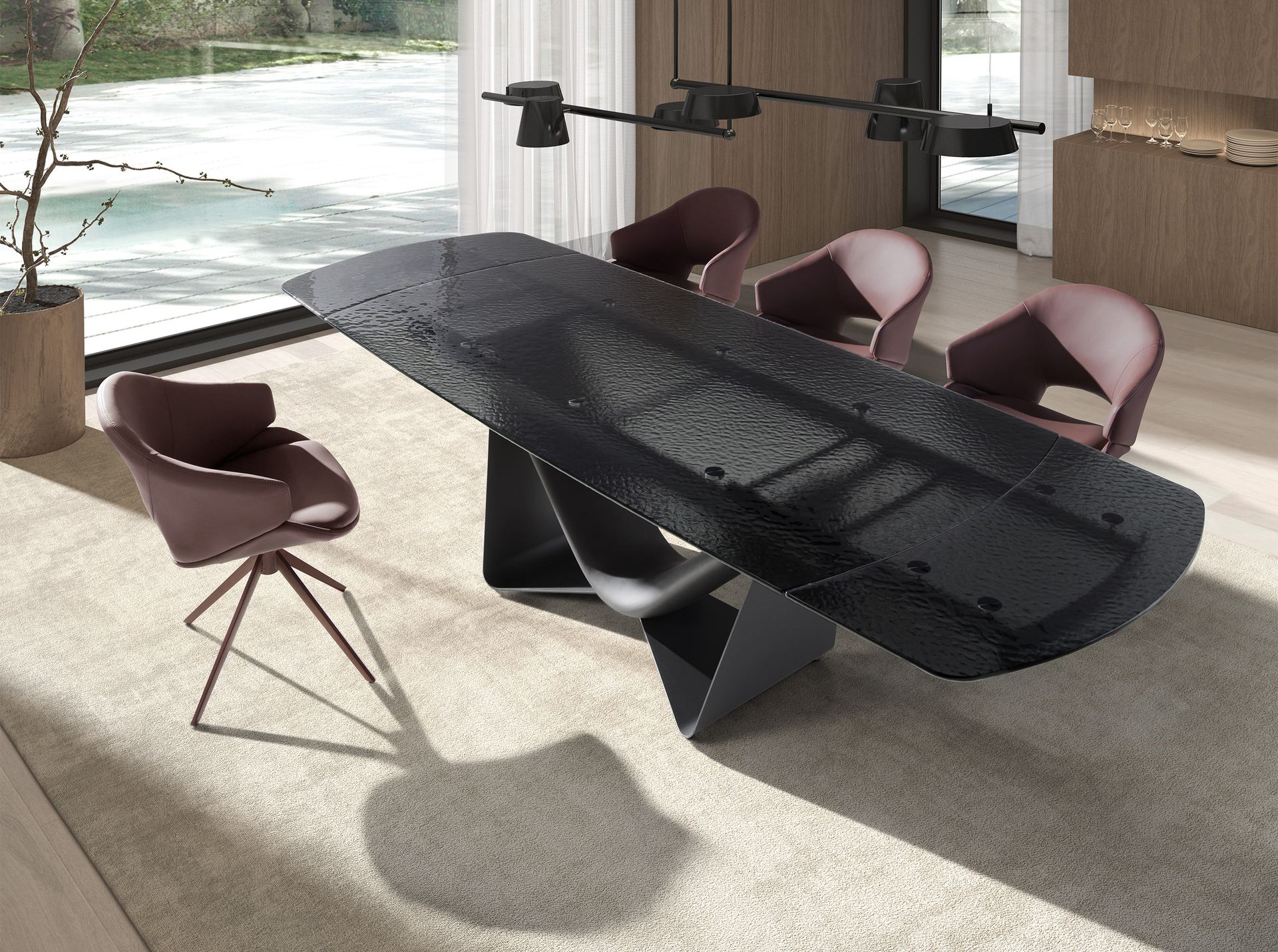 Mesa comedor extensible ovalada barril cristal negro, acero y fibra vidrio gris oscuro metal Mesa comedor extensible ovalada barril cristal negro, acero y fibra vidrio gris oscuro metal - Imagen 3