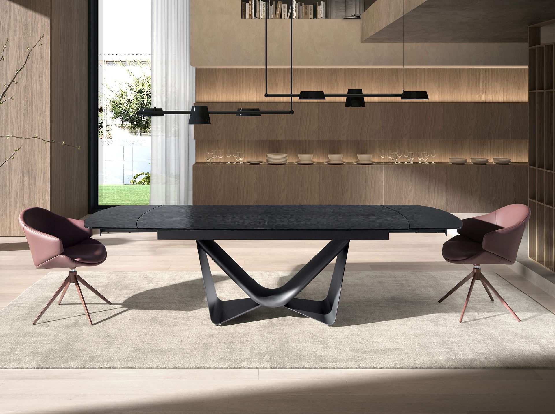 Mesa comedor extensible ovalada barril cristal negro, acero y fibra vidrio gris oscuro metal Mesa comedor extensible ovalada barril cristal negro, acero y fibra vidrio gris oscuro metal - Imagen 4