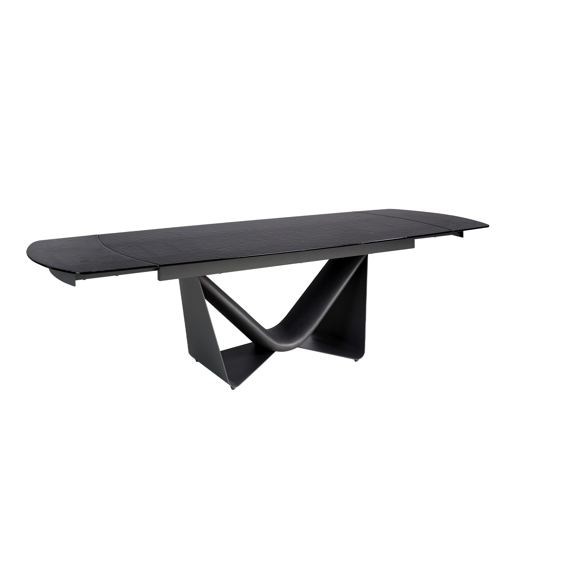 Mesa comedor extensible ovalada barril cristal negro, acero y fibra vidrio gris oscuro metal Mesa comedor extensible ovalada barril cristal negro, acero y fibra vidrio gris oscuro metal