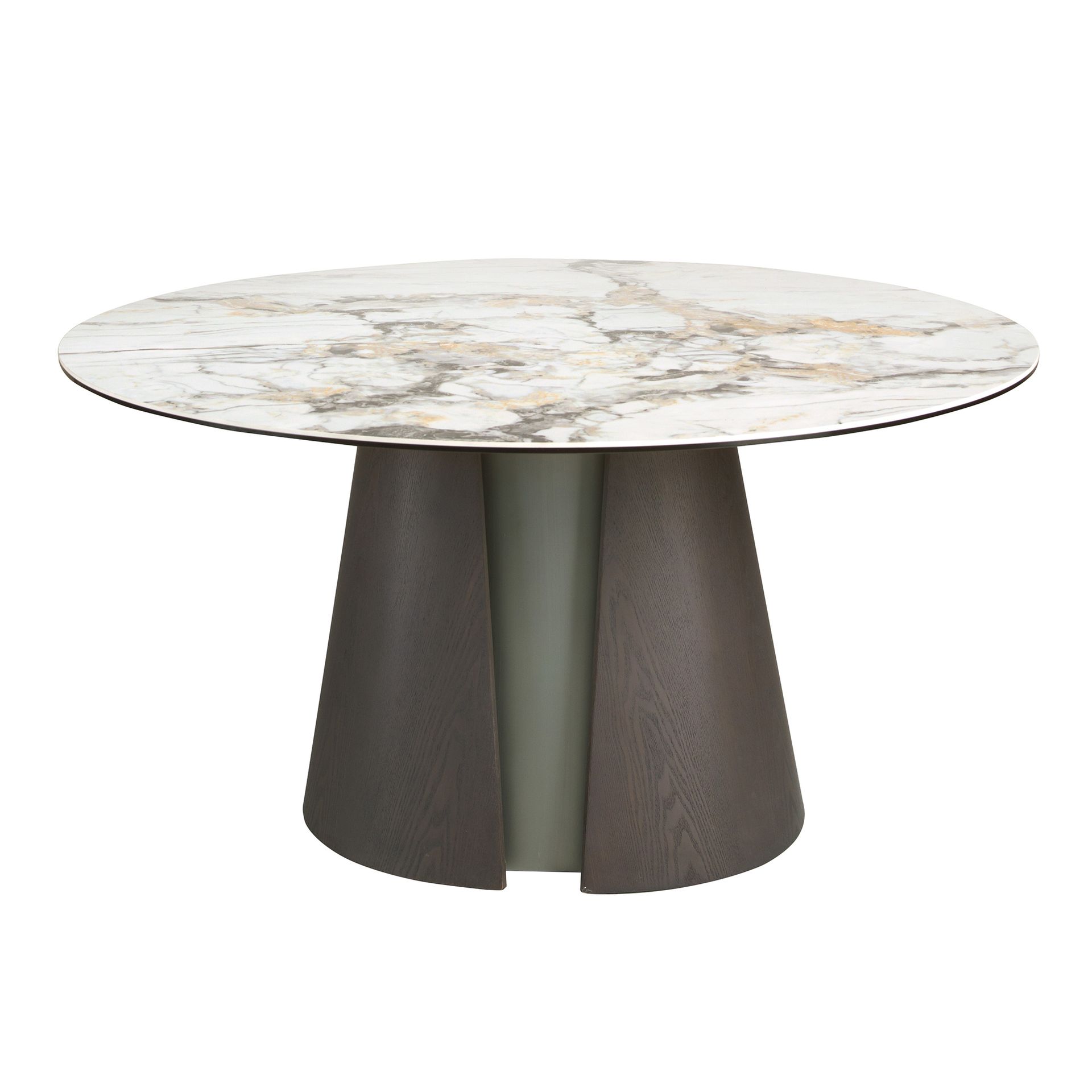 Mesa comedor redonda mármol porcelánico, roble ceniza oscuro y madera color plata Mesa comedor redonda mármol porcelánico, roble ceniza oscuro y madera color plata - Imagen 2