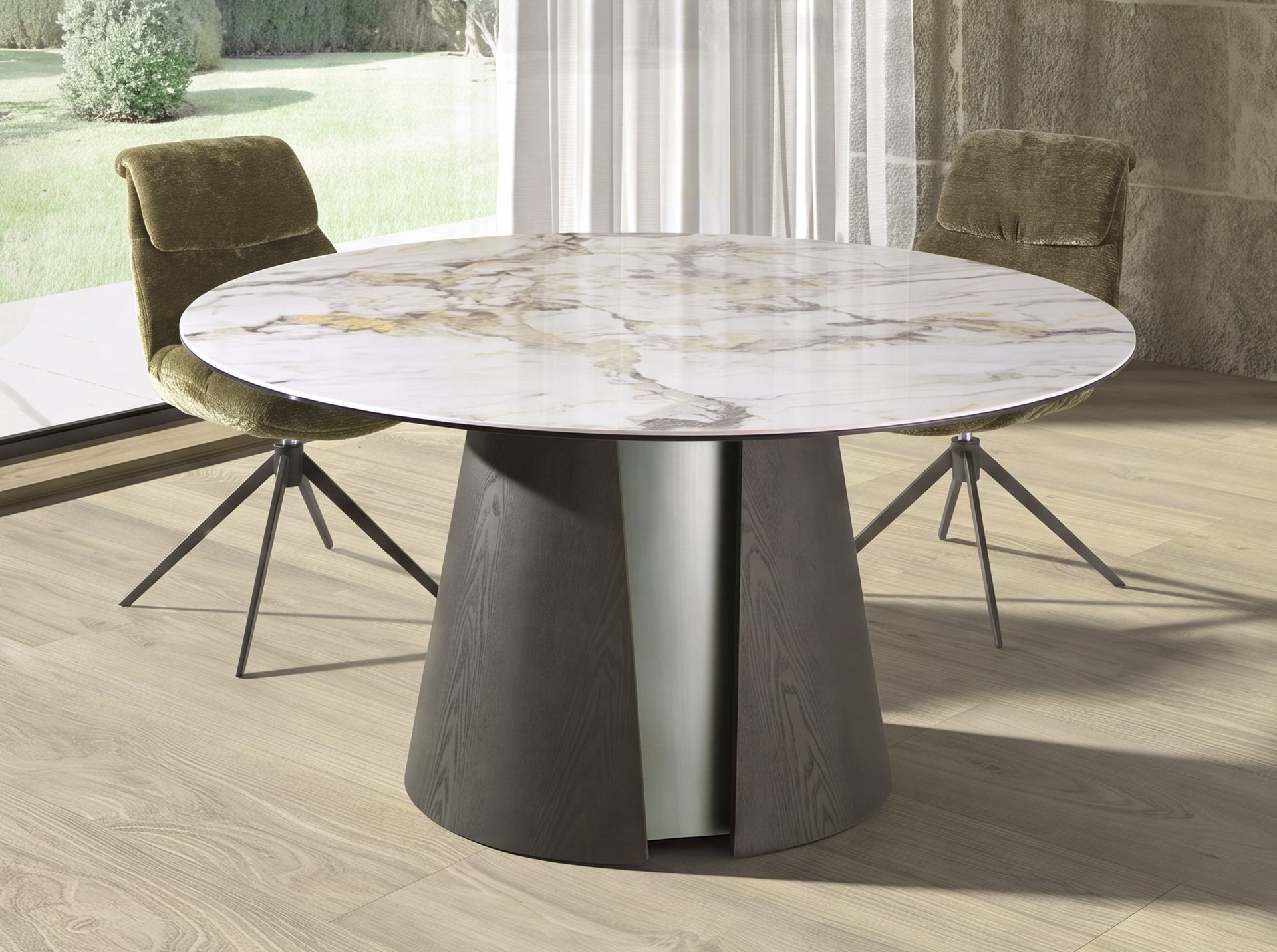 Mesa comedor redonda mármol porcelánico, roble ceniza oscuro y madera color plata Mesa comedor redonda mármol porcelánico, roble ceniza oscuro y madera color plata - Imagen 3