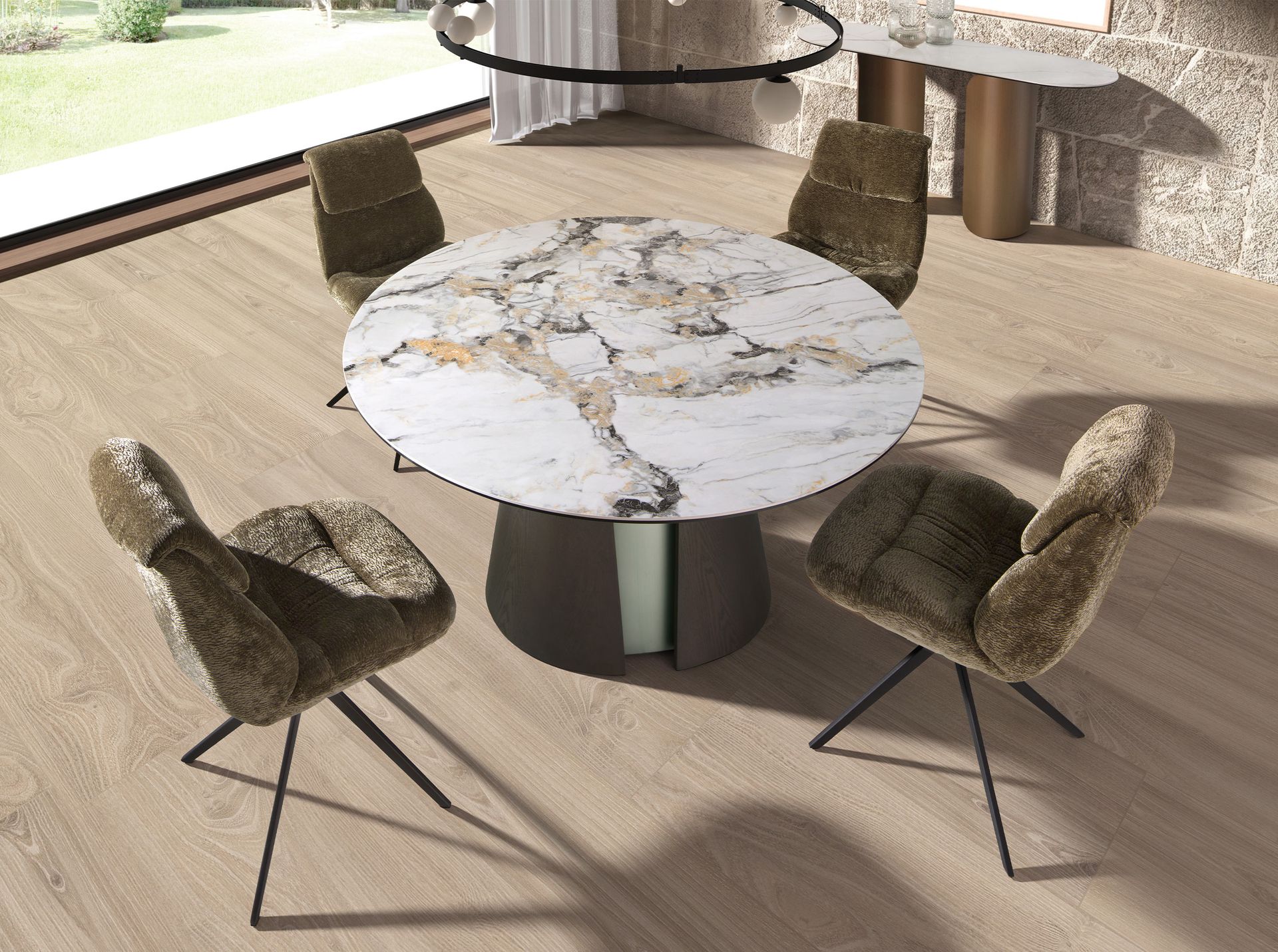 Mesa comedor redonda mármol porcelánico, roble ceniza oscuro y madera color plata Mesa comedor redonda mármol porcelánico, roble ceniza oscuro y madera color plata - Imagen 4