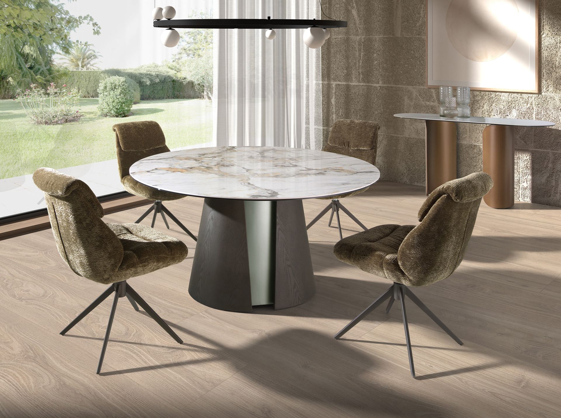 Mesa comedor redonda mármol porcelánico, roble ceniza oscuro y madera color plata Mesa comedor redonda mármol porcelánico, roble ceniza oscuro y madera color plata - Imagen 5