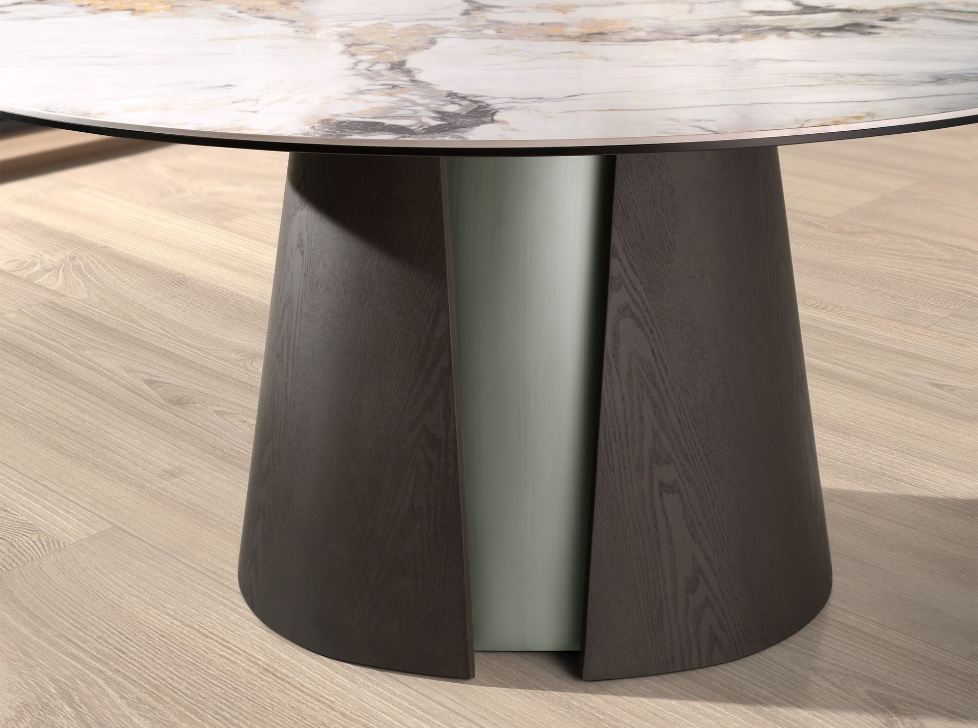 Mesa comedor redonda mármol porcelánico, roble ceniza oscuro y madera color plata Mesa comedor redonda mármol porcelánico, roble ceniza oscuro y madera color plata - Imagen 7