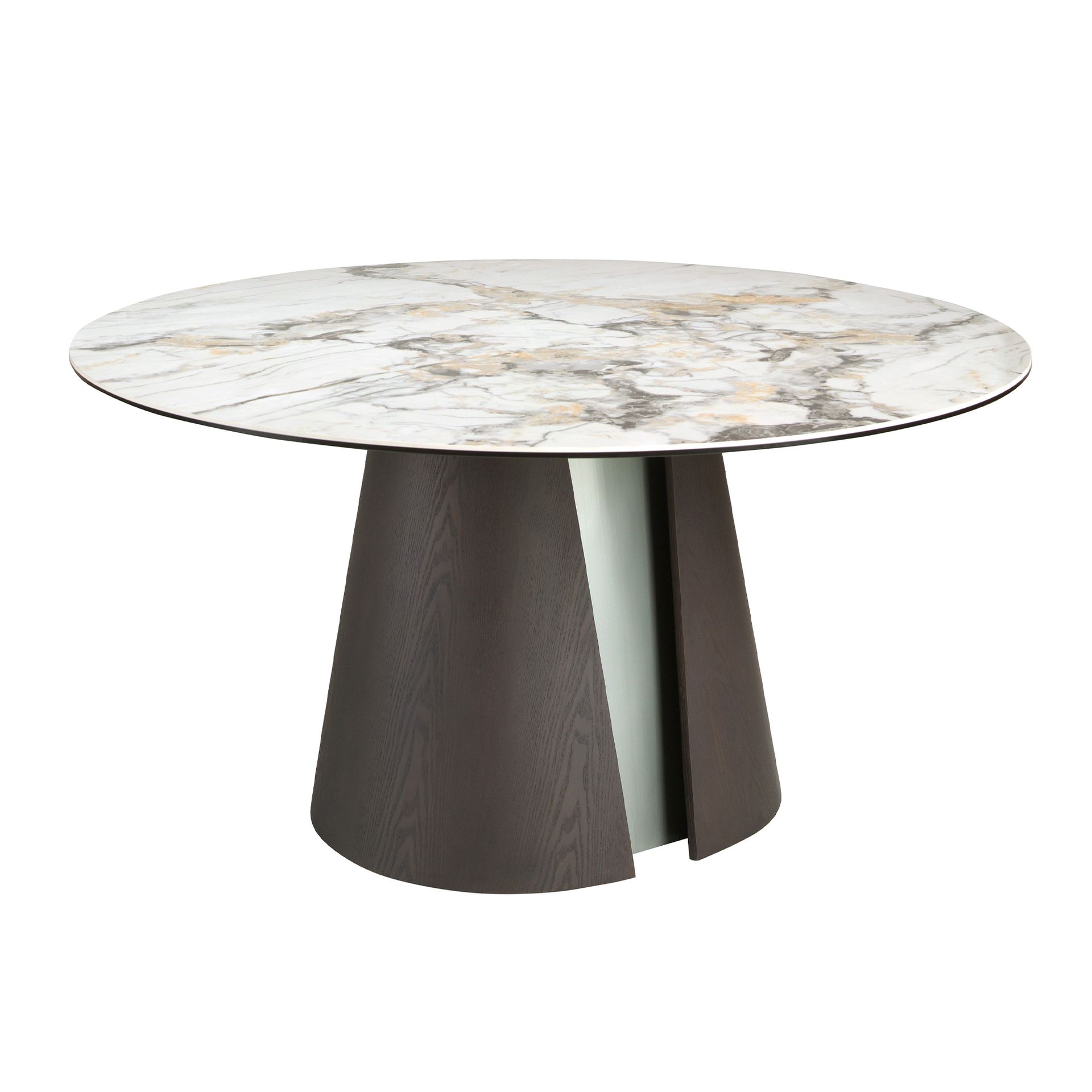 Mesa comedor redonda mármol porcelánico, roble ceniza oscuro y madera color plata Mesa comedor redonda mármol porcelánico, roble ceniza oscuro y madera color plata