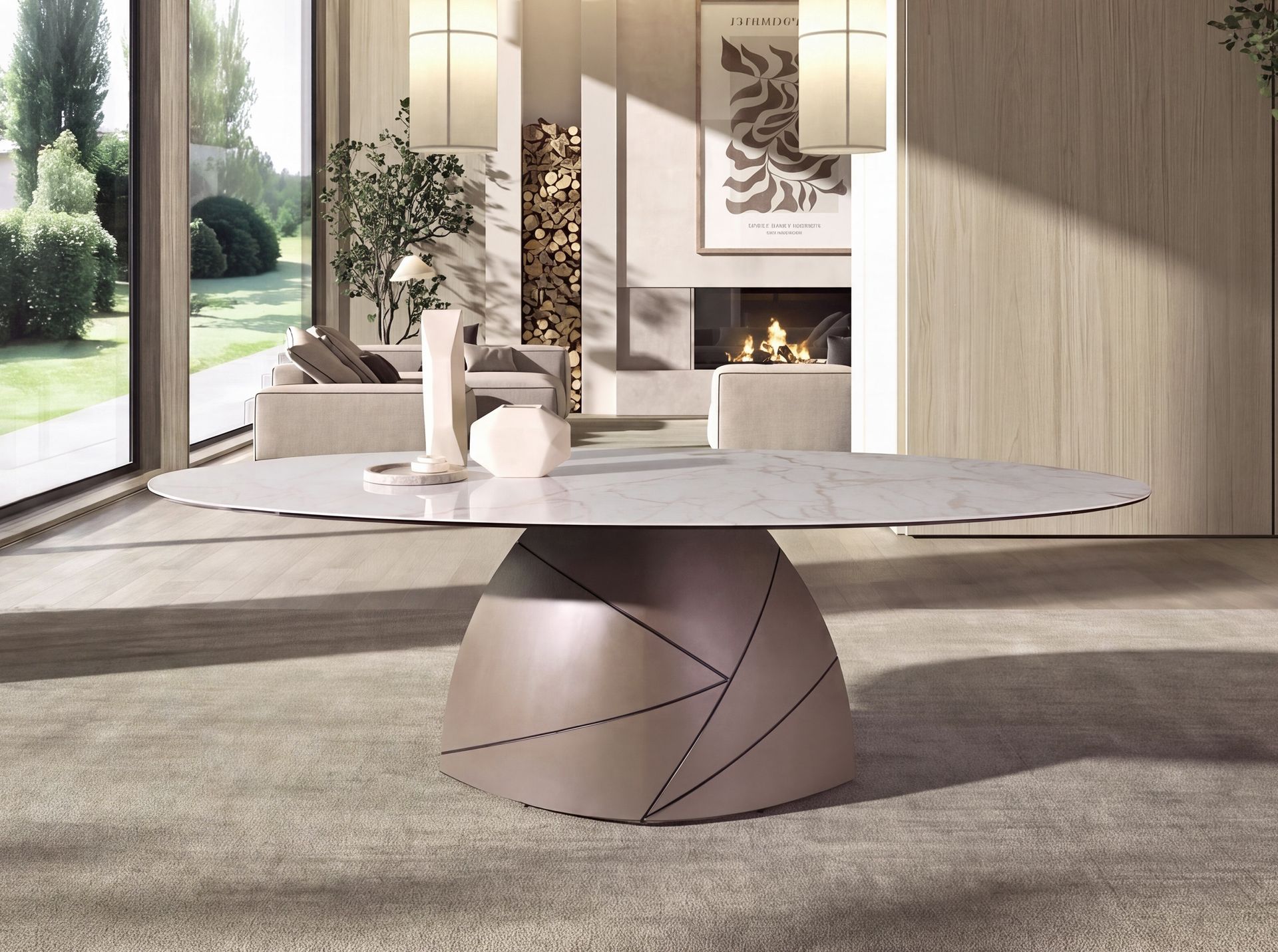 Mesa comedor ovalada mármol porcelánico y acero taupé metalizado Mesa comedor ovalada mármol porcelánico y acero taupé metalizado - Imagen 3