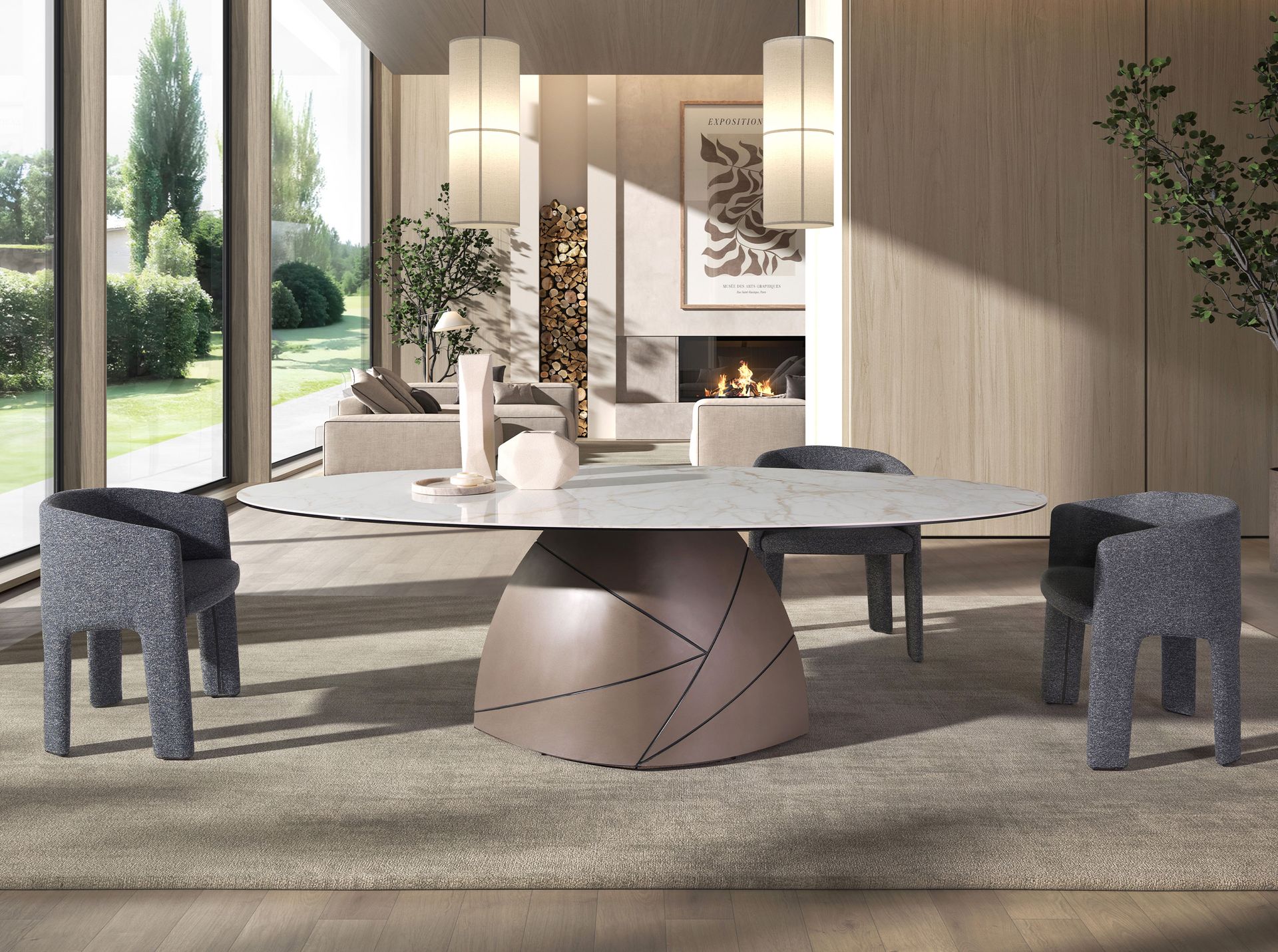 Mesa comedor ovalada mármol porcelánico y acero taupé metalizado Mesa comedor ovalada mármol porcelánico y acero taupé metalizado - Imagen 4