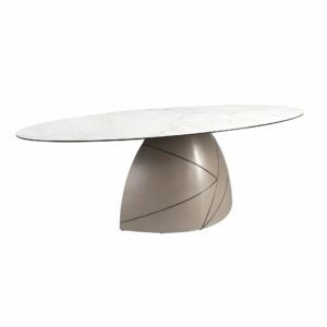 Mesa comedor ovalada mármol porcelánico y acero taupé metalizado Mesa comedor ovalada mármol porcelánico y acero taupé metalizado