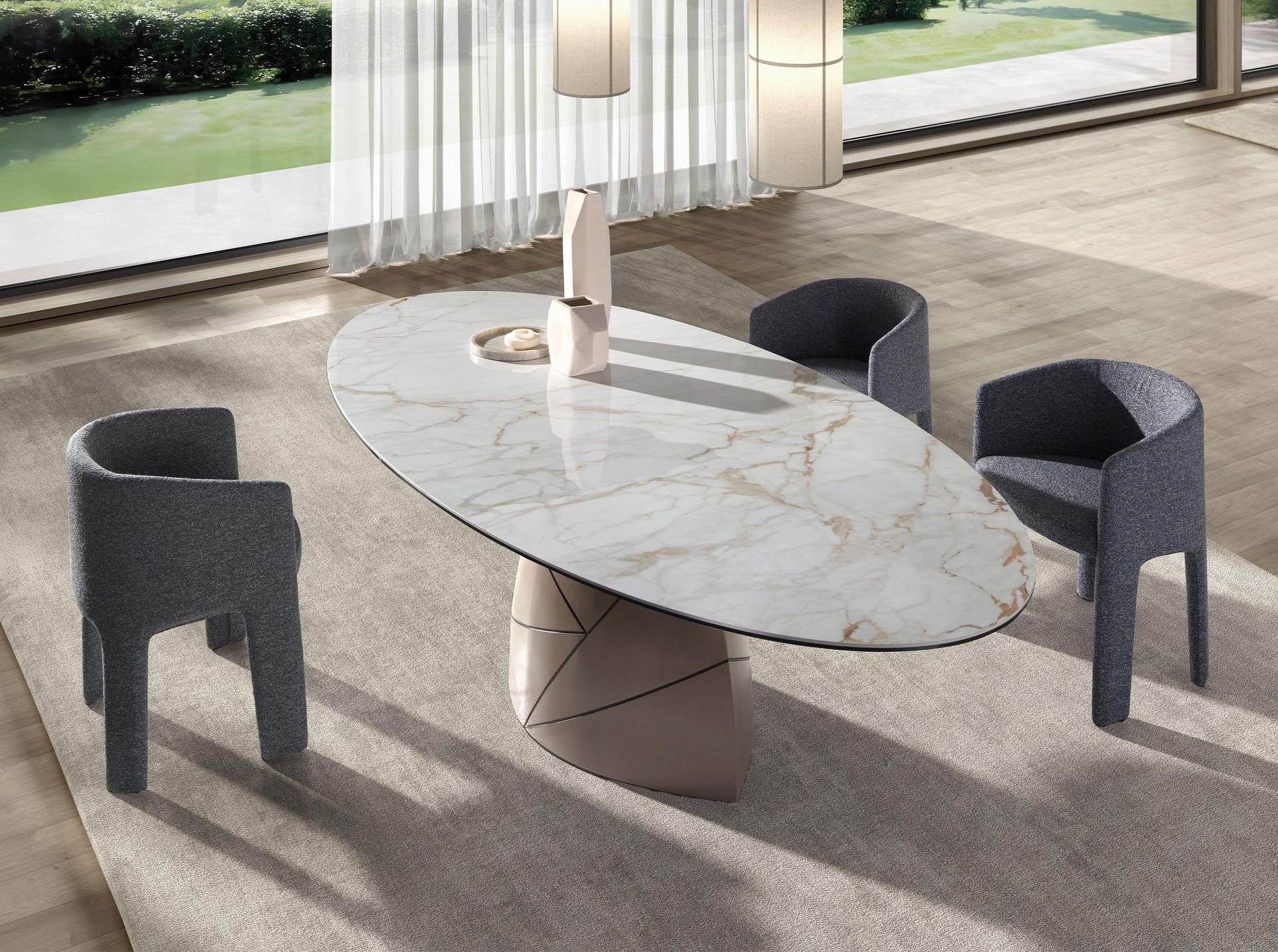 Mesa comedor ovalada mármol porcelánico y acero taupé metalizado Mesa comedor ovalada mármol porcelánico y acero taupé metalizado - Imagen 5