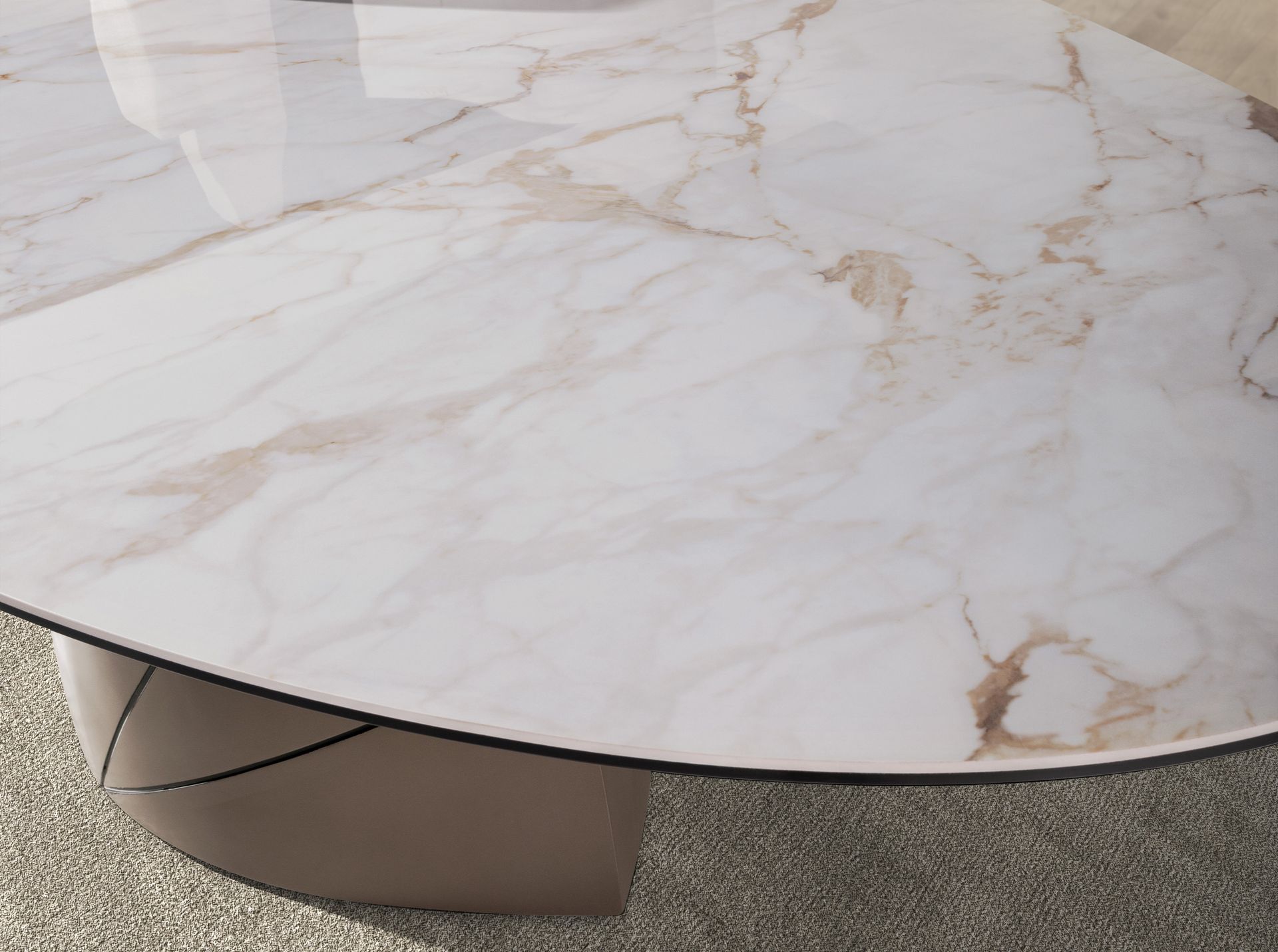 Mesa comedor ovalada mármol porcelánico y acero taupé metalizado Mesa comedor ovalada mármol porcelánico y acero taupé metalizado - Imagen 7