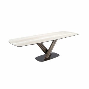 Mesa comedor extensible ovalada barril mármol porcelánico y acero color marrón oscuro metalizado Mesa comedor extensible ovalada barril mármol porcelánico y acero color marrón oscuro metalizado