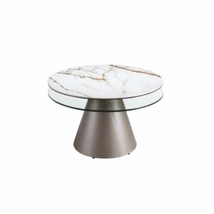 Mesa centro extensible redonda cristal templado, mármol porcelánico y acero gris plata Mesa centro extensible redonda cristal templado, mármol porcelánico y acero gris plata