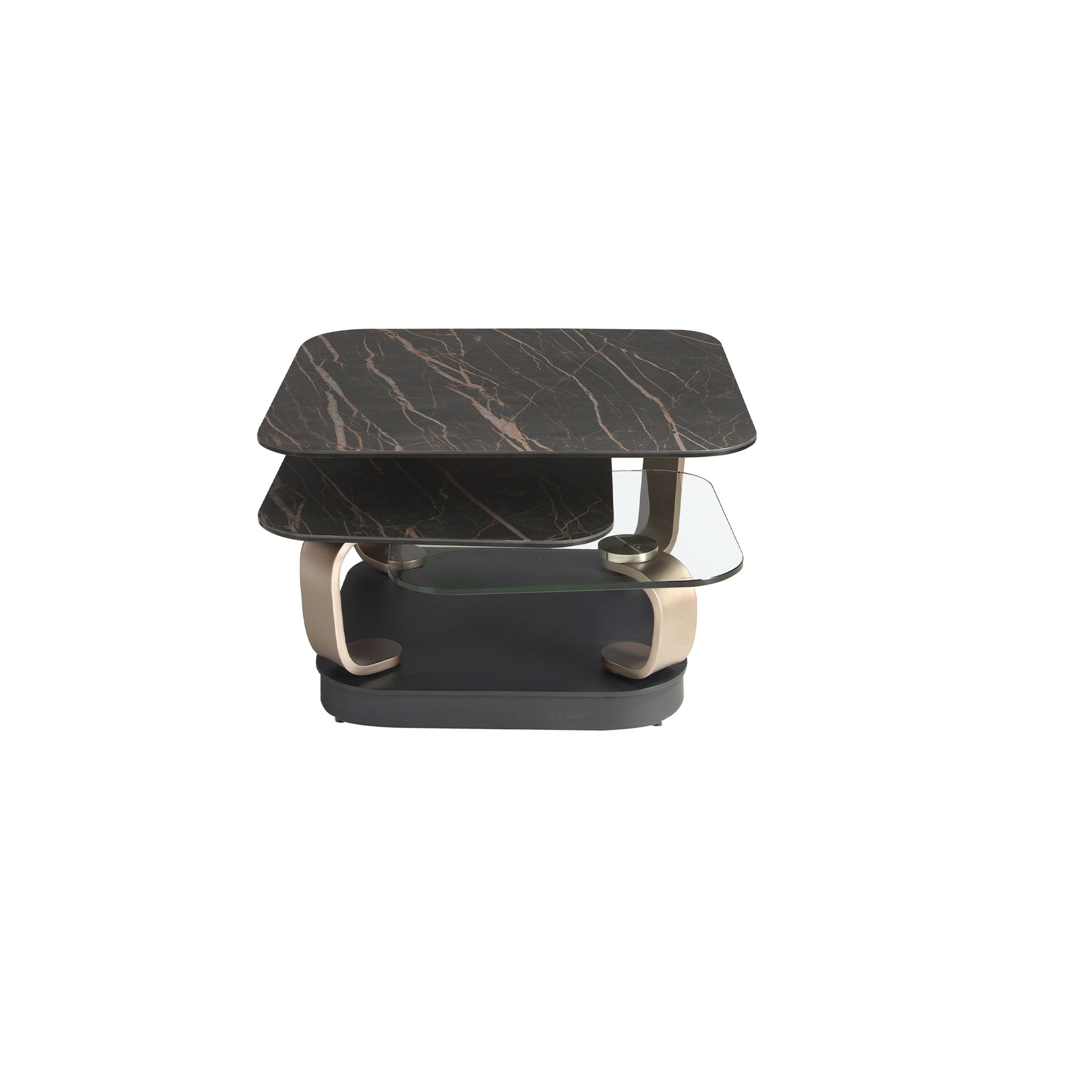 Mesa centro extensible cuadrada cristal templado y mármol porcelánico, acero color dorado y acero negro Mesa centro extensible cuadrada cristal templado y mármol porcelánico, acero color dorado y acero negro - Imagen 2