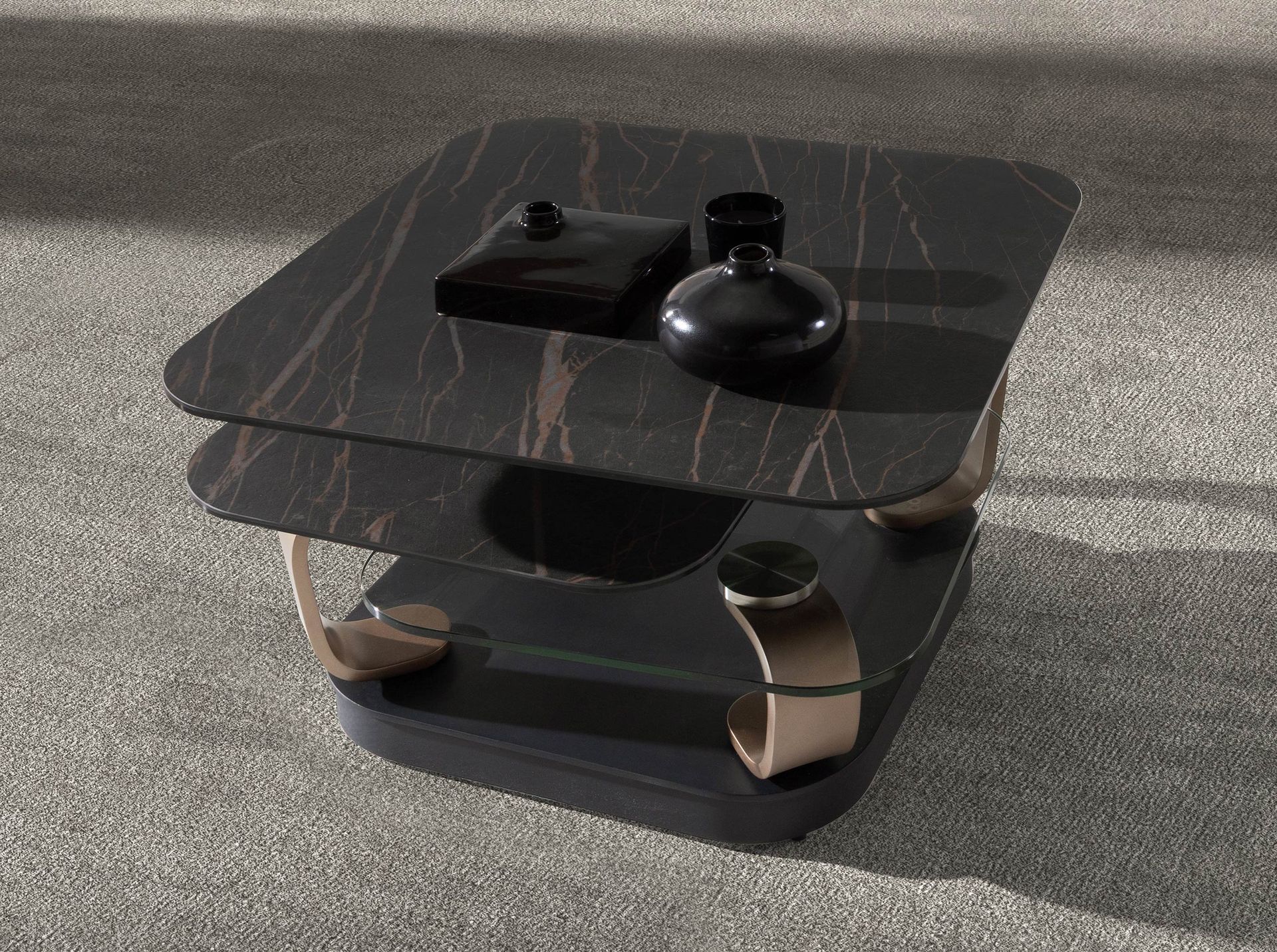 Mesa centro extensible cuadrada cristal templado y mármol porcelánico, acero color dorado y acero negro Mesa centro extensible cuadrada cristal templado y mármol porcelánico, acero color dorado y acero negro - Imagen 3