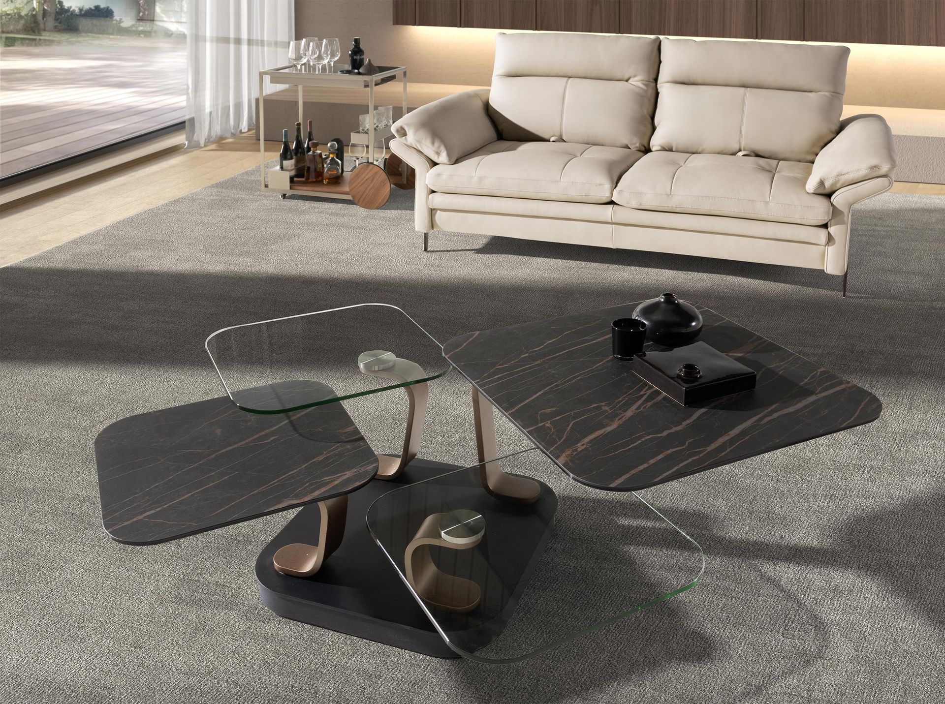Mesa centro extensible cuadrada cristal templado y mármol porcelánico, acero color dorado y acero negro Mesa centro extensible cuadrada cristal templado y mármol porcelánico, acero color dorado y acero negro - Imagen 4