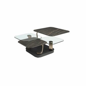 Mesa centro extensible cuadrada cristal templado y mármol porcelánico, acero color dorado y acero negro Mesa centro extensible cuadrada cristal templado y mármol porcelánico, acero color dorado y acero negro
