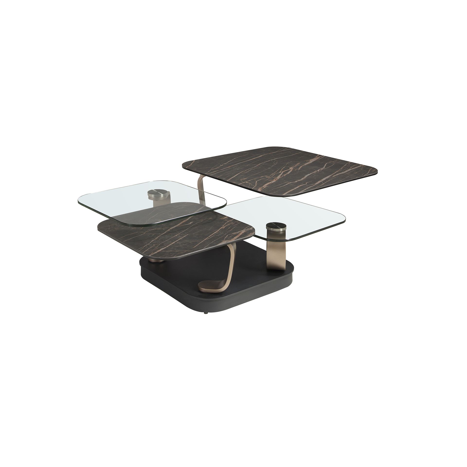 Mesa centro extensible cuadrada cristal templado y mármol porcelánico, acero color dorado y acero negro Mesa centro extensible cuadrada cristal templado y mármol porcelánico, acero color dorado y acero negro