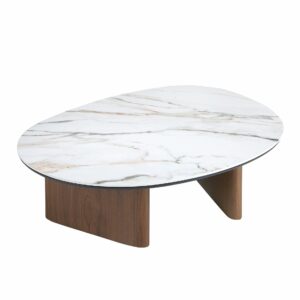 Mesa centro forma orgánica mármol porcelánico y nogal Mesa centro forma orgánica mármol porcelánico y nogal