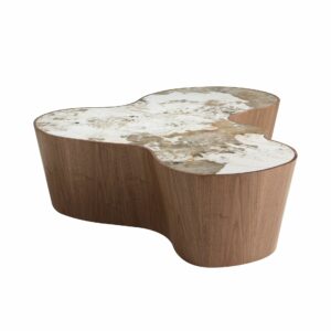 Mesa centro forma orgánica mármol porcelánico y nogal Mesa centro forma orgánica mármol porcelánico y nogal