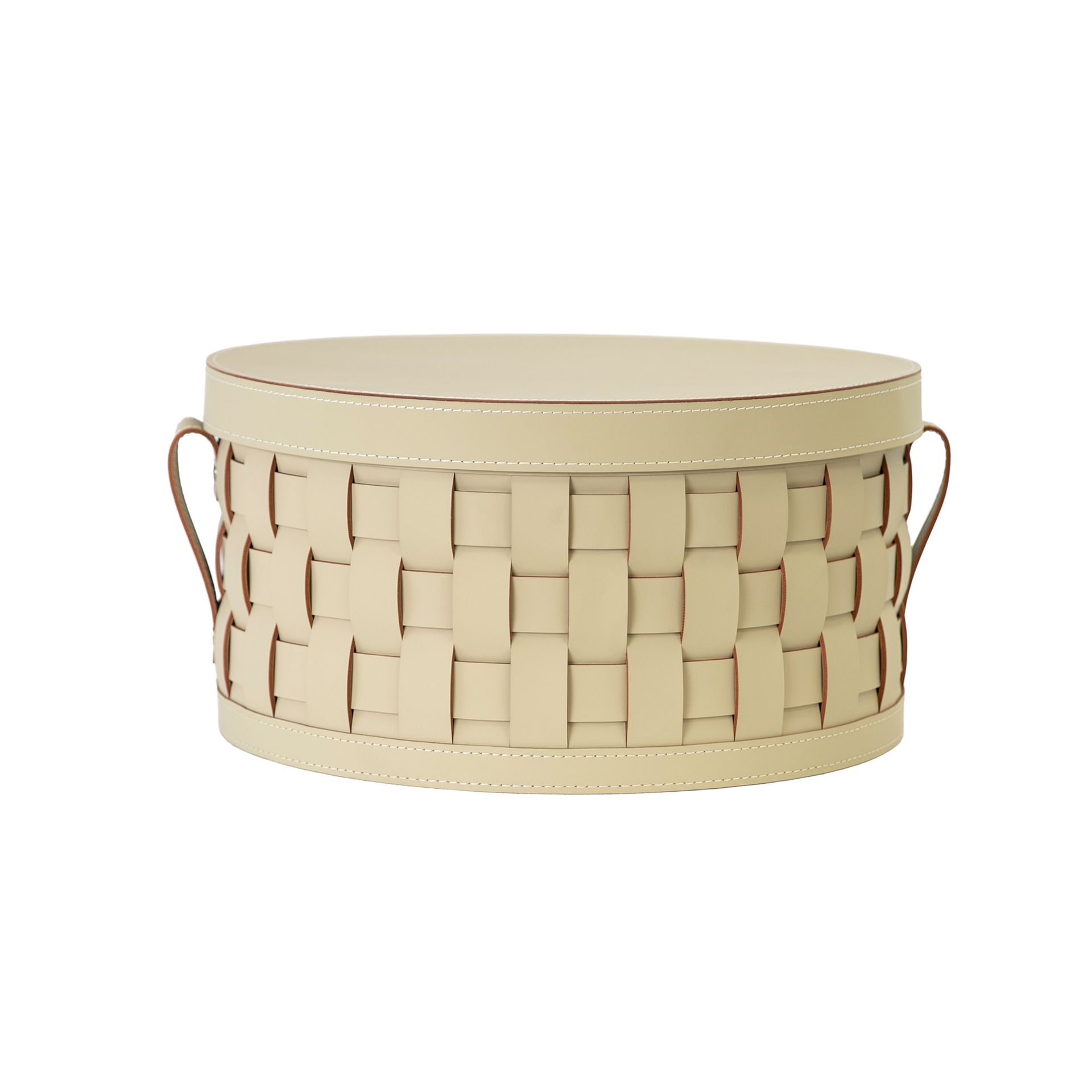 Cesta decorativa de almacenaje redonda en piel regenerada arena con tapa Cesta decorativa de almacenaje redonda en piel regenerada arena con tapa - Imagen 2