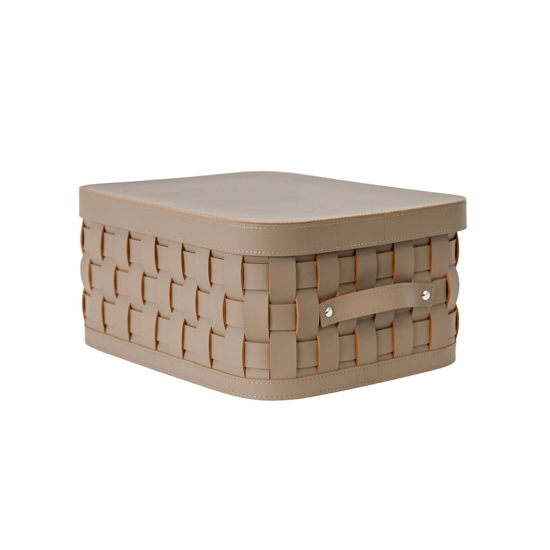 Cesta decorativa de almacenaje rectangular en piel regenerada visón oscuro con tapa Cesta decorativa de almacenaje rectangular en piel regenerada visón oscuro con tapa