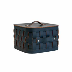 Cesta decorativa de almacenaje cuadrada en piel regenerada azul oscuro con tapa
