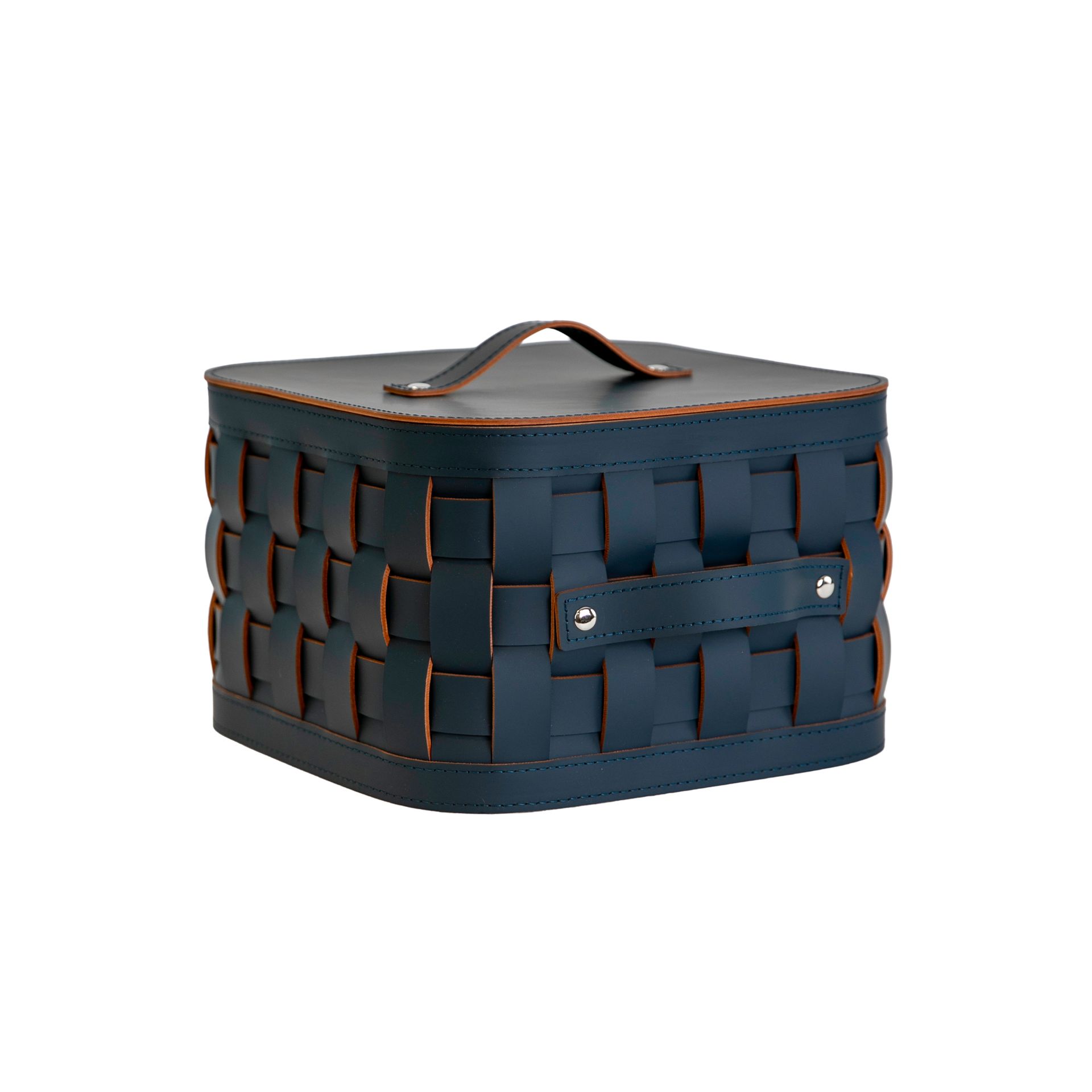 Cesta decorativa de almacenaje cuadrada en piel regenerada azul oscuro con tapa Cesta decorativa de almacenaje cuadrada en piel regenerada azul oscuro con tapa
