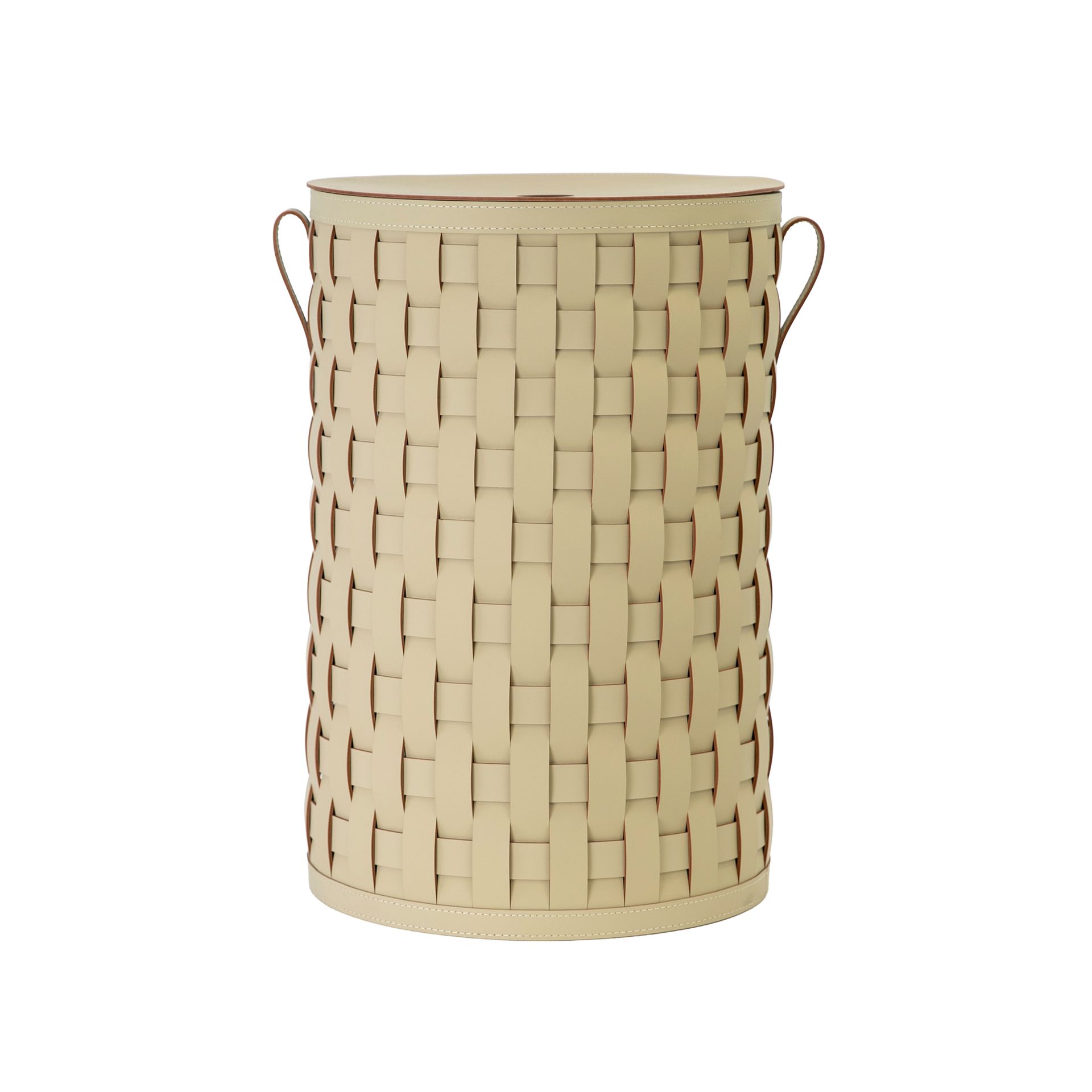 Cesta decorativa de almacenaje cilíndrica en piel regenerada arena con tapa Cesta decorativa de almacenaje cilíndrica en piel regenerada arena con tapa - Imagen 2