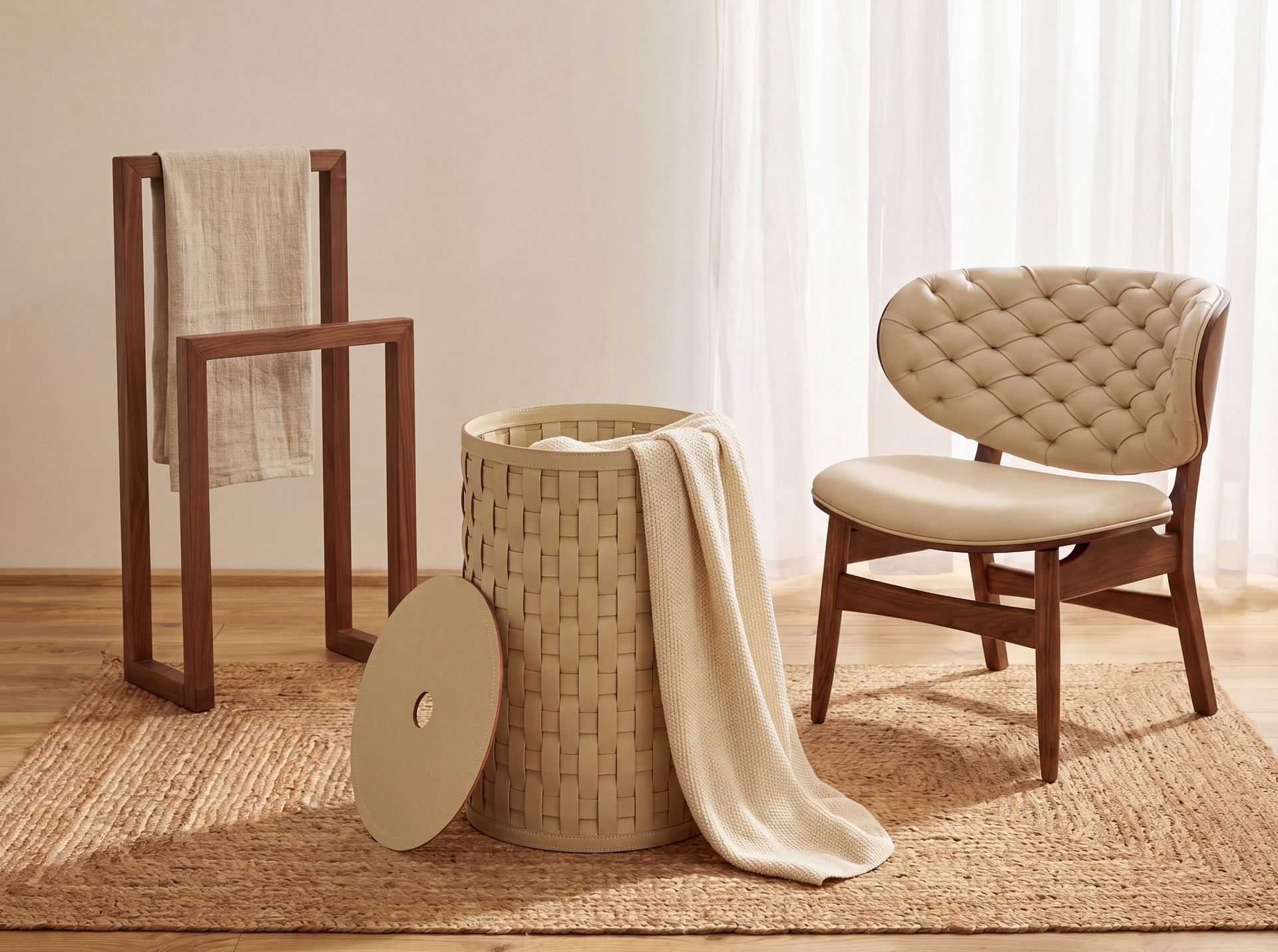 Cesta decorativa de almacenaje cilíndrica en piel regenerada arena con tapa Cesta decorativa de almacenaje cilíndrica en piel regenerada arena con tapa - Imagen 4
