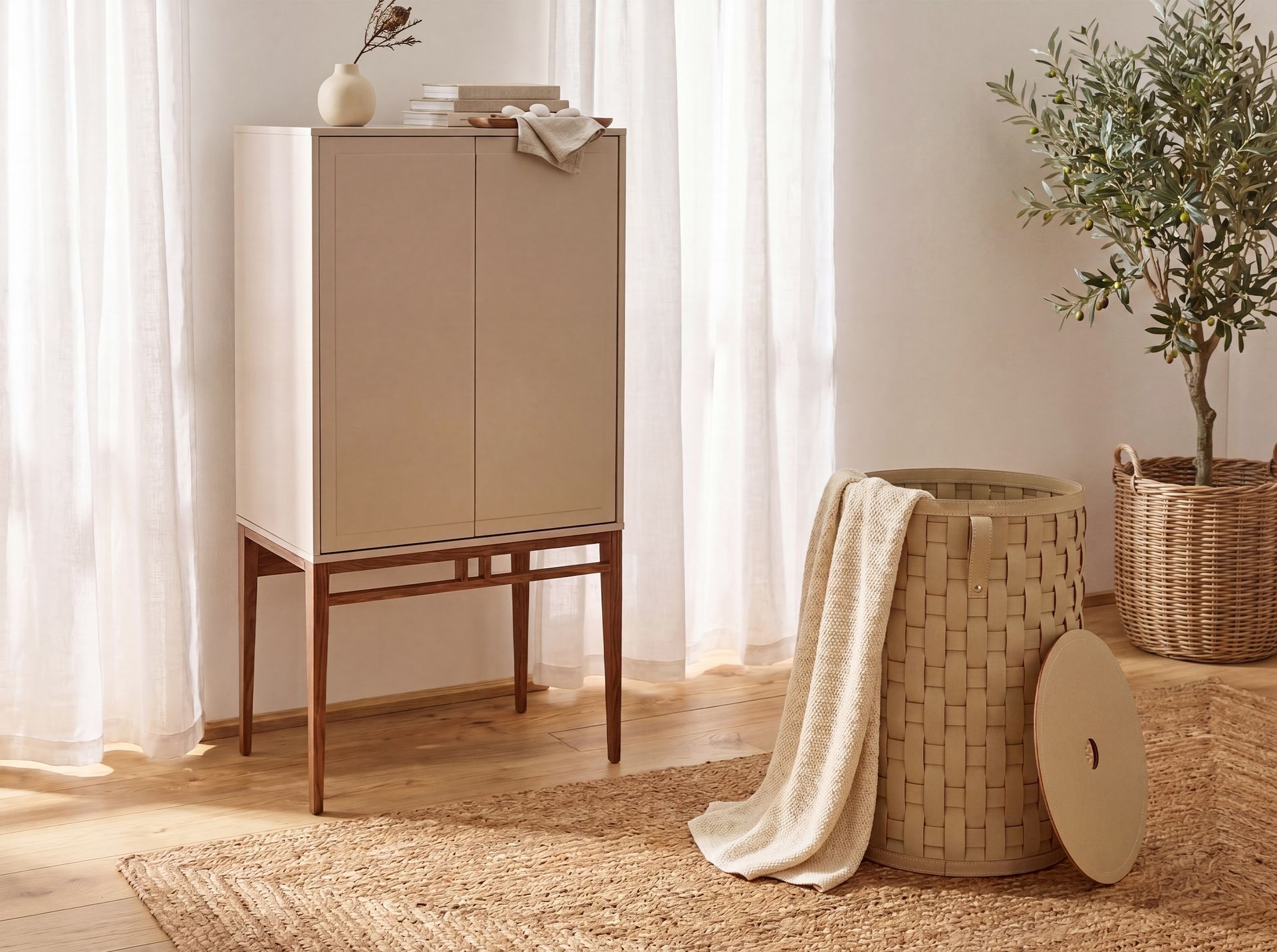 Cesta decorativa de almacenaje cilíndrica en piel regenerada arena con tapa Cesta decorativa de almacenaje cilíndrica en piel regenerada arena con tapa - Imagen 5
