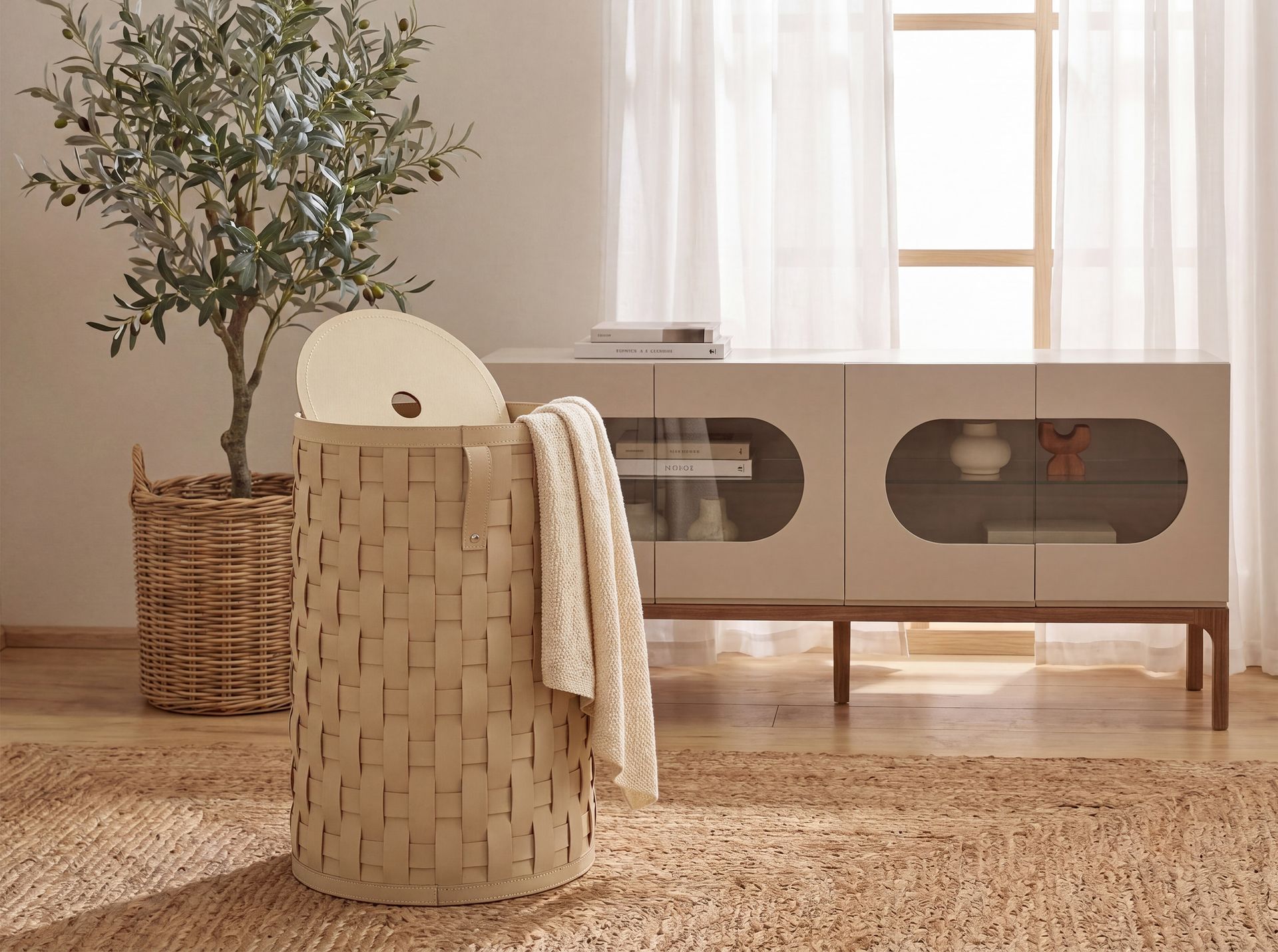 Cesta decorativa de almacenaje cilíndrica en piel regenerada arena con tapa Cesta decorativa de almacenaje cilíndrica en piel regenerada arena con tapa - Imagen 6