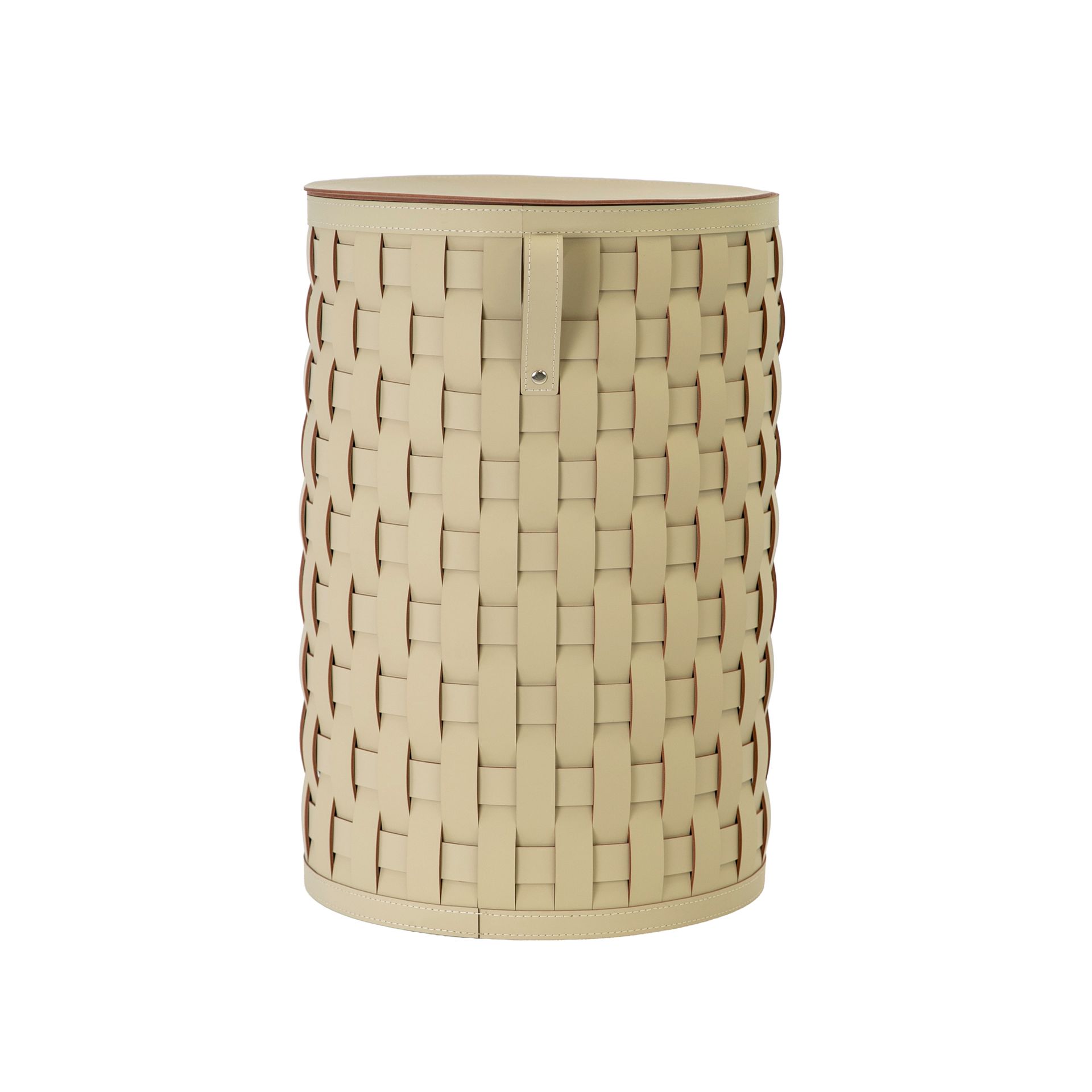 Cesta decorativa de almacenaje cilíndrica en piel regenerada arena con tapa Cesta decorativa de almacenaje cilíndrica en piel regenerada arena con tapa - Imagen 8