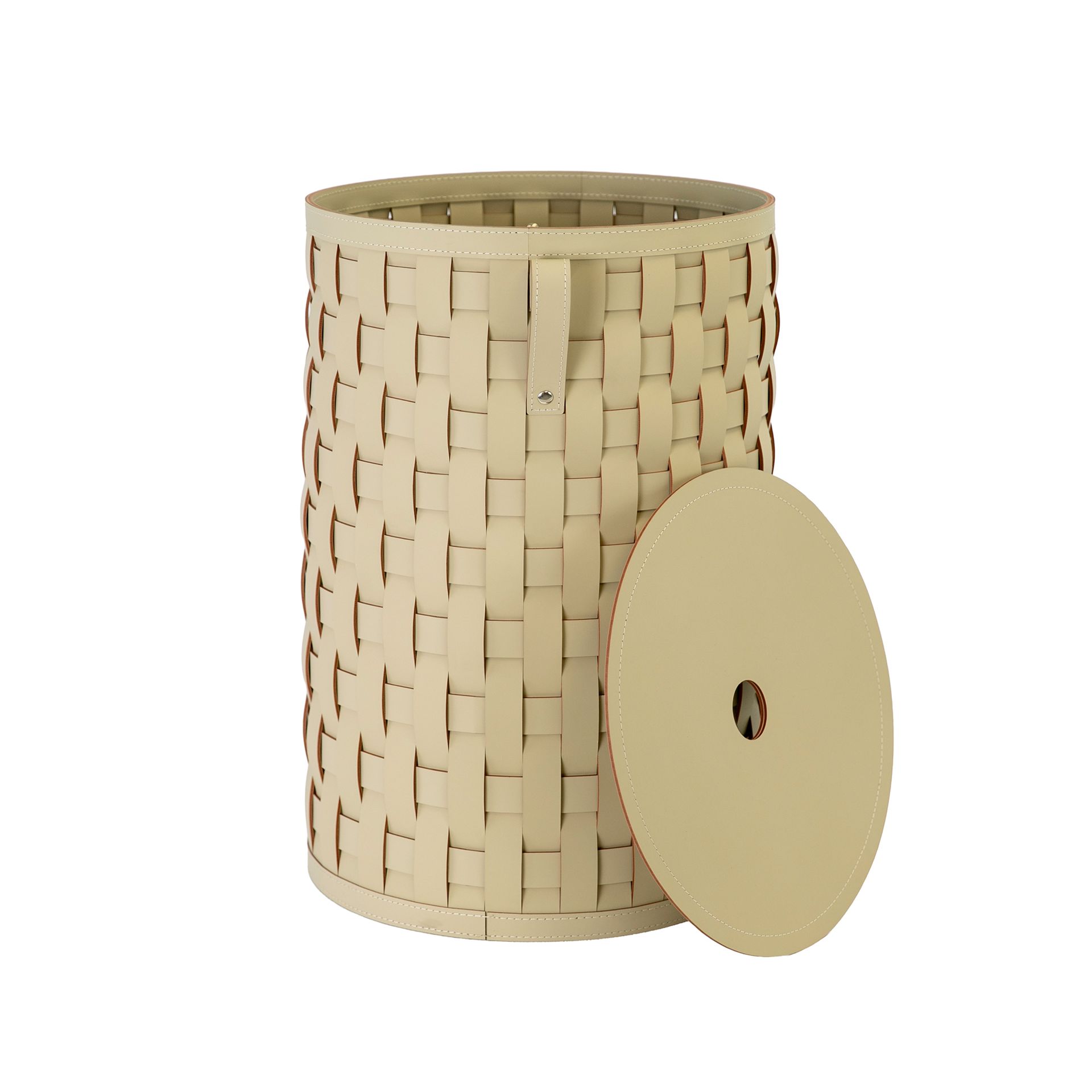Cesta decorativa de almacenaje cilíndrica en piel regenerada arena con tapa Cesta decorativa de almacenaje cilíndrica en piel regenerada arena con tapa