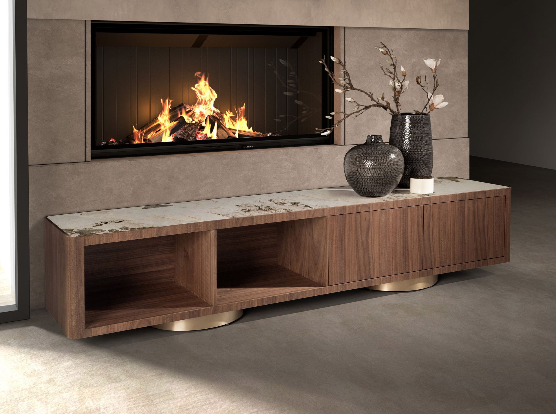 Mueble TV nogal, acero pulido dorado y tapa de mármol porcelánico Mueble TV nogal, acero pulido dorado y tapa de mármol porcelánico - Imagen 3