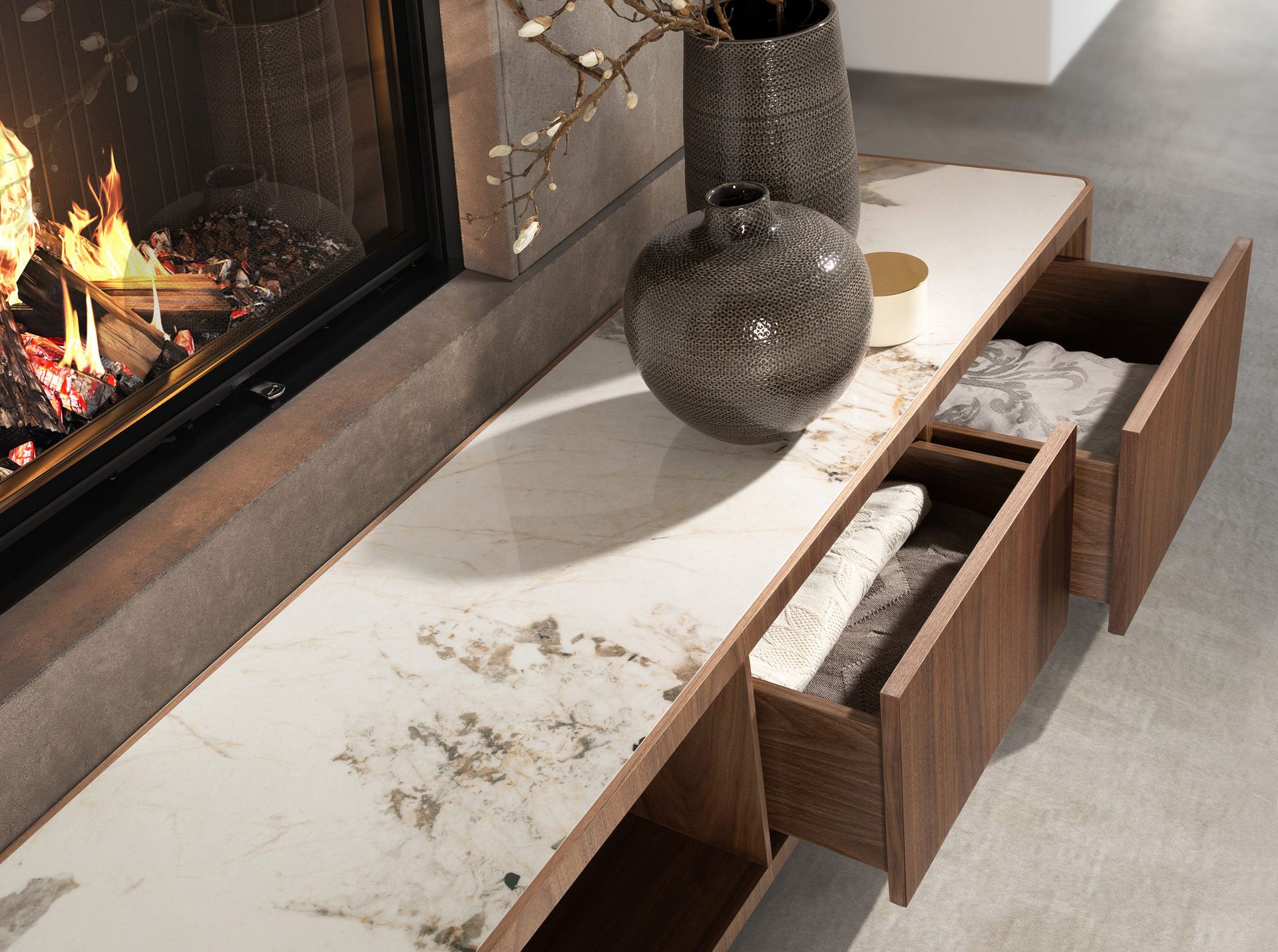 Mueble TV nogal, acero pulido dorado y tapa de mármol porcelánico Mueble TV nogal, acero pulido dorado y tapa de mármol porcelánico - Imagen 7