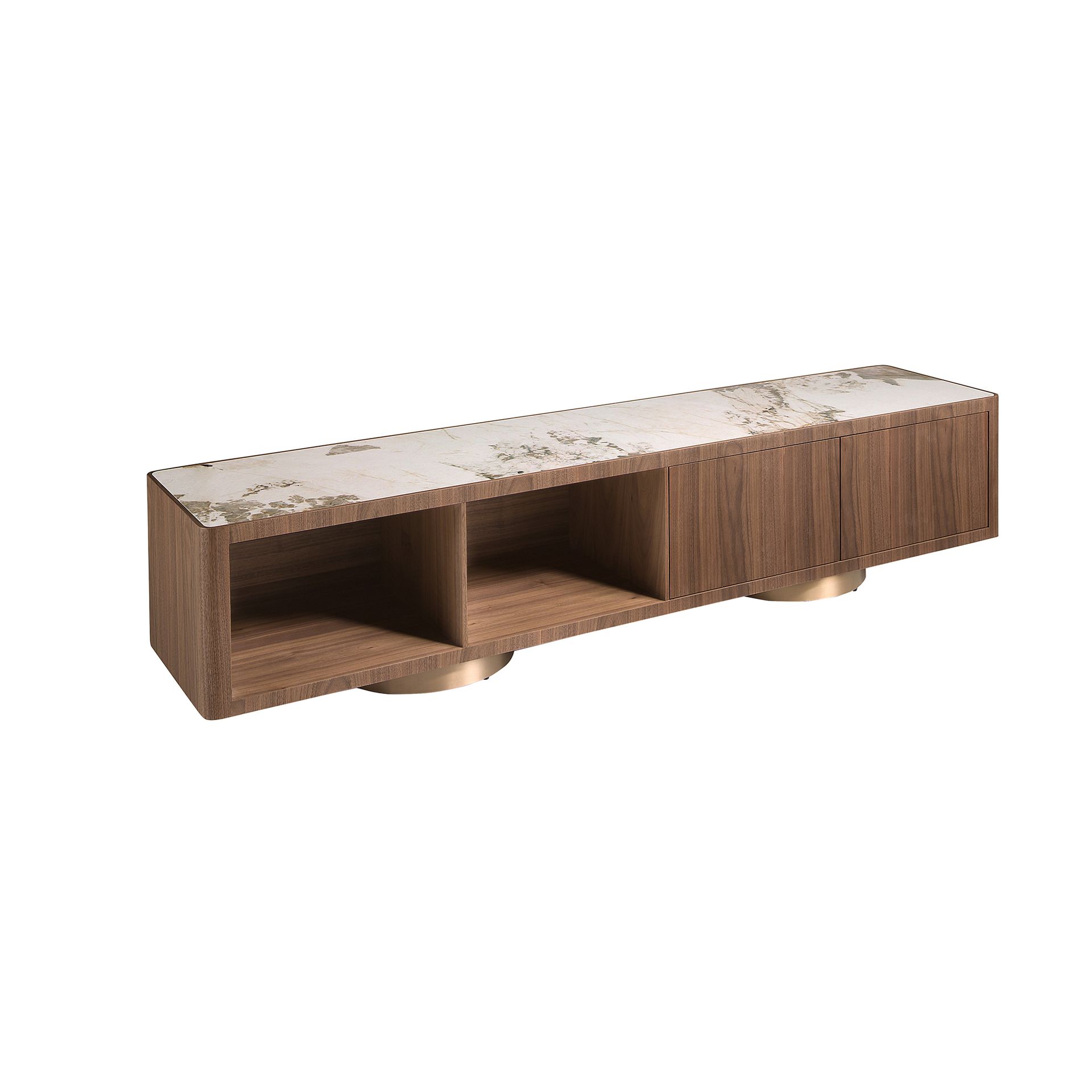 Mueble TV nogal, acero pulido dorado y tapa de mármol porcelánico Mueble TV nogal, acero pulido dorado y tapa de mármol porcelánico
