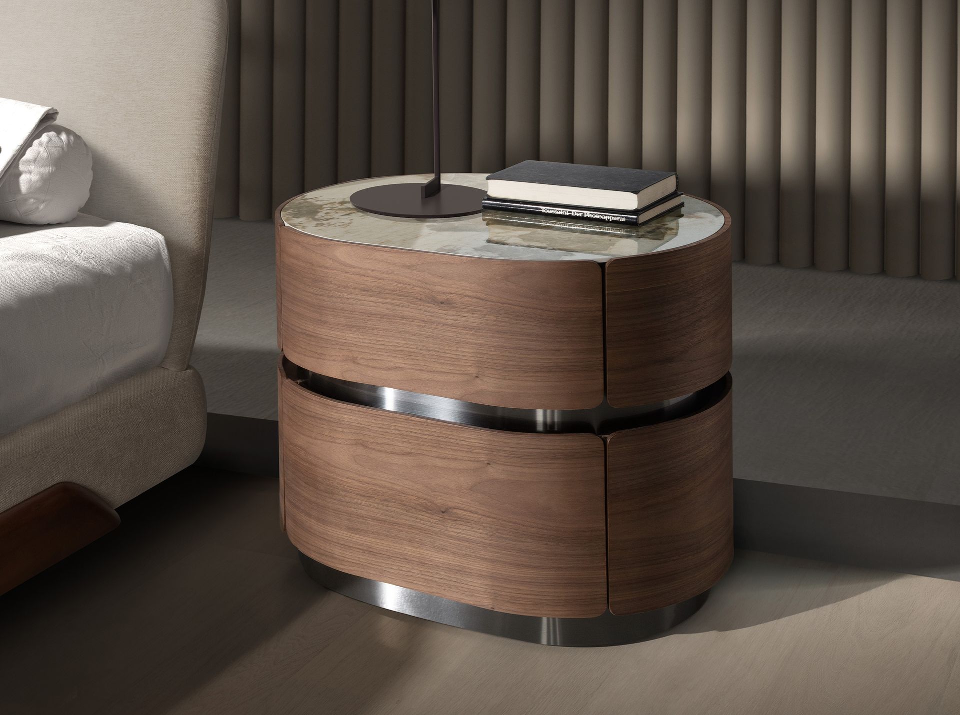 Mesita de noche nogal, base de acero oscurecido y tapa de mármol porcelánico Mesita de noche nogal, base de acero oscurecido y tapa de mármol porcelánico - Imagen 3